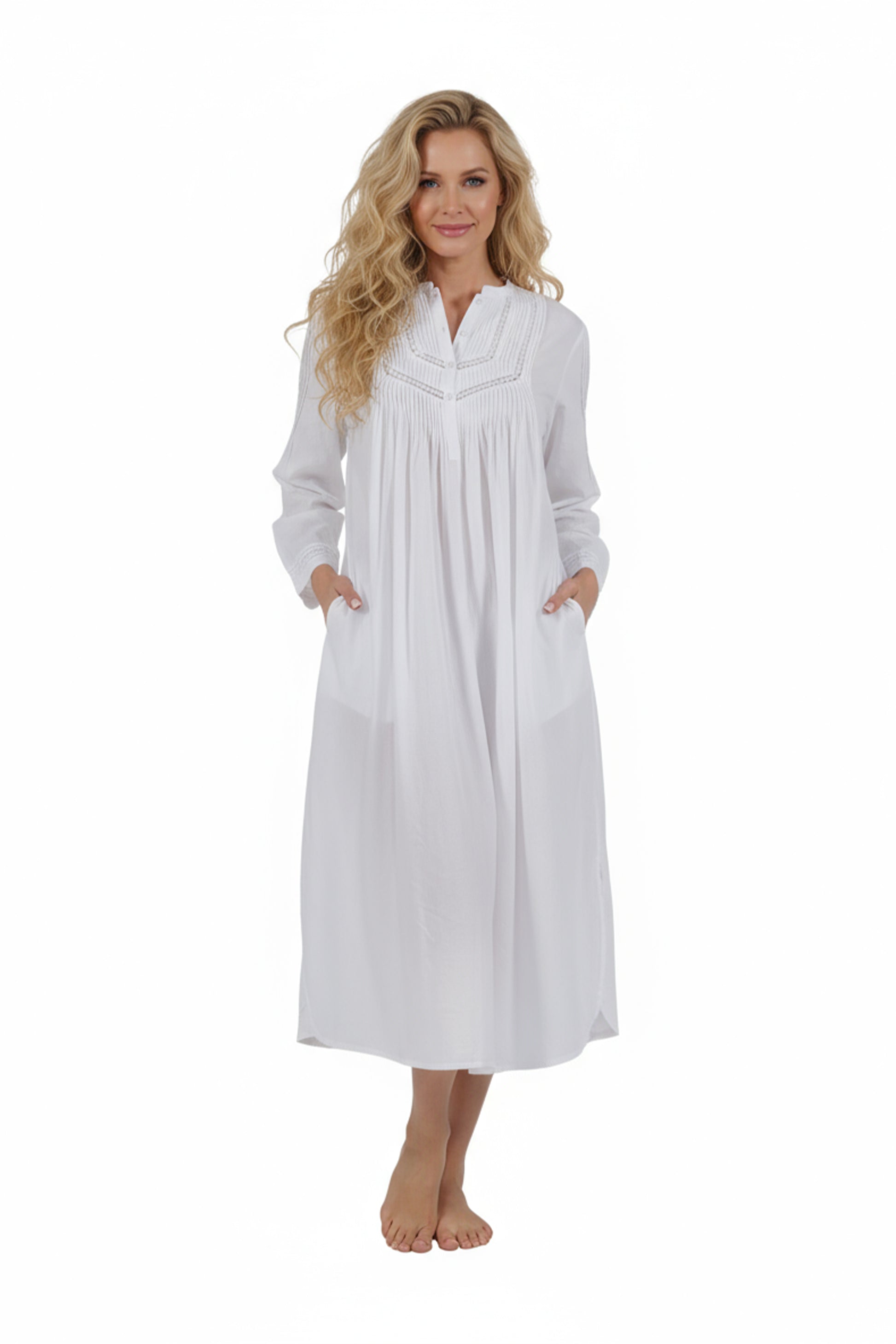 Women's La Cera 1060g 100% Cotton Woven Long Sleeve Nightgown, Size: Small, White Women's La Cera 1060g 100% Cotton Woven Long Sleeve Nightgown, Size: Small, White