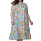 Model wearing bright floral sleeveless gown