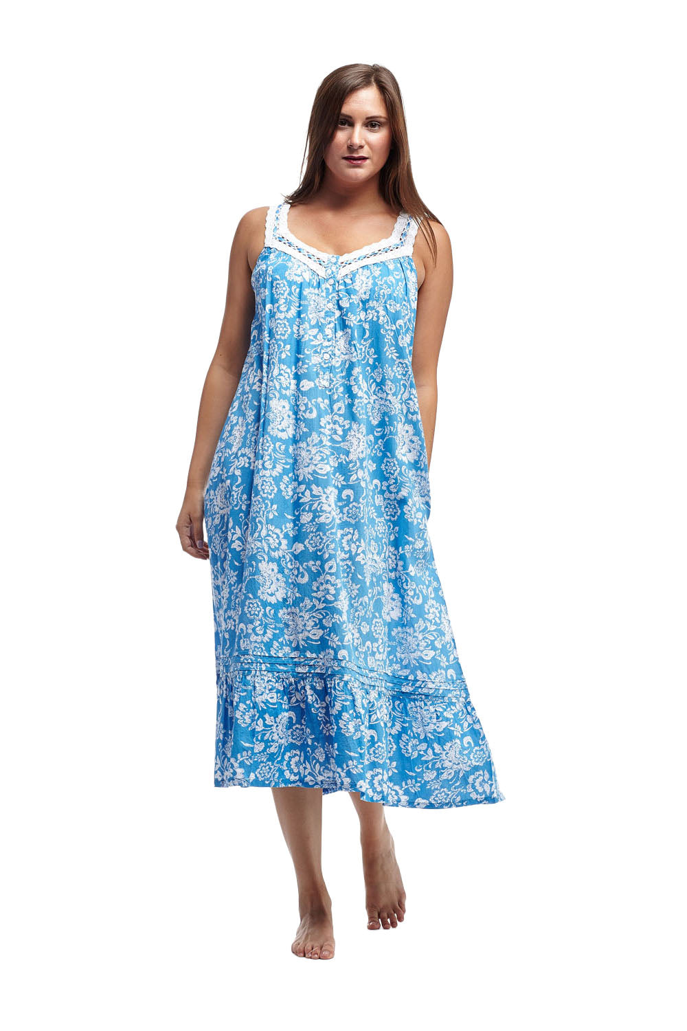 Plus size 100% Cotton Lace Trim Flounce Gown Blue Toile Print – La Cera™