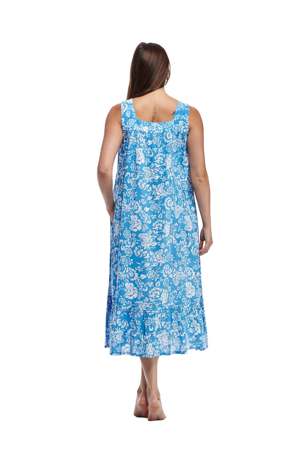 100% Cotton Lace Trim Flounce Gown Blue Toile Print - La Cera