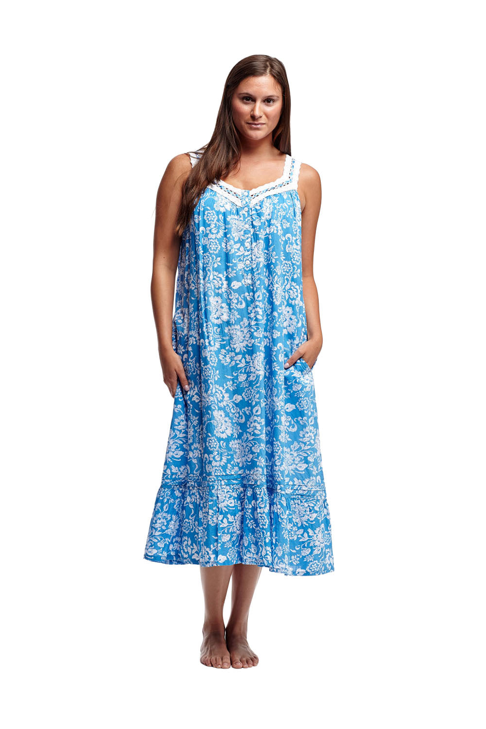 Plus size 100% Cotton Lace Trim Flounce Gown Blue Toile Print - La Cera