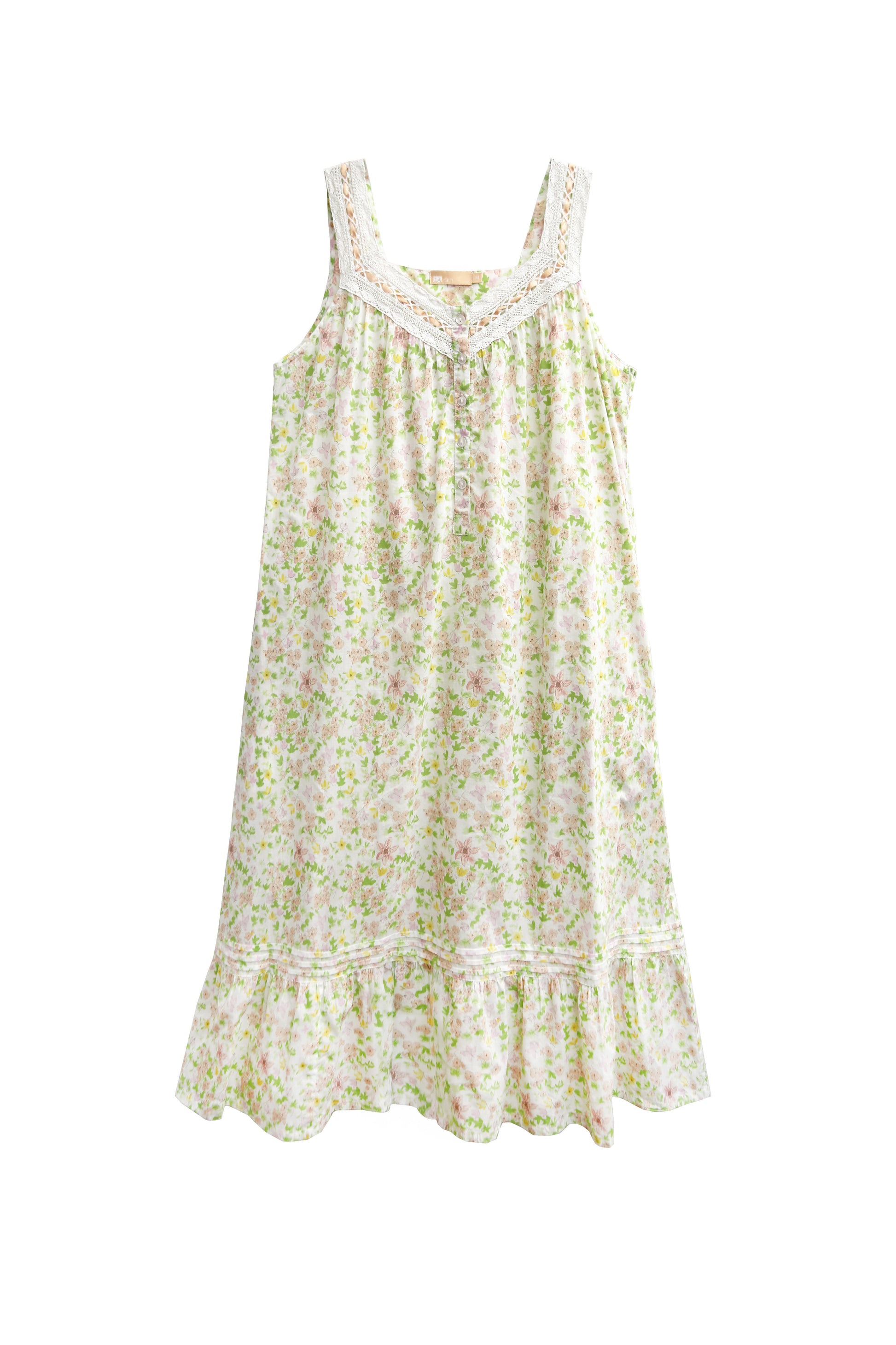 Plus size 100% Cotton Lace Trim Flounce Gown White Lime Floral Print - La Cera