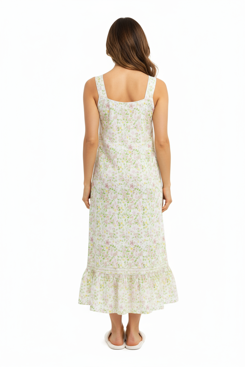 100% Cotton Lace Trim Flounce Gown White Lime Floral Print - La Cera