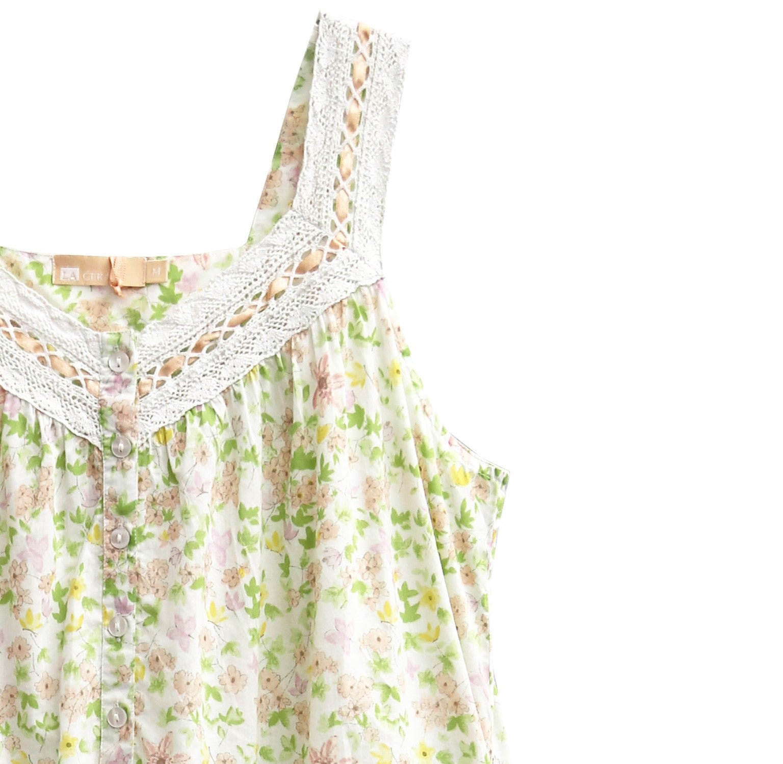 Plus size 100% Cotton Lace Trim Flounce Gown White Lime Floral Print - La Cera