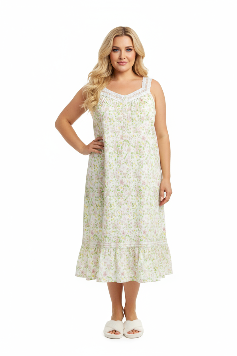 Plus size 100% Cotton Lace Trim Flounce Gown White Lime Floral Print - La Cera