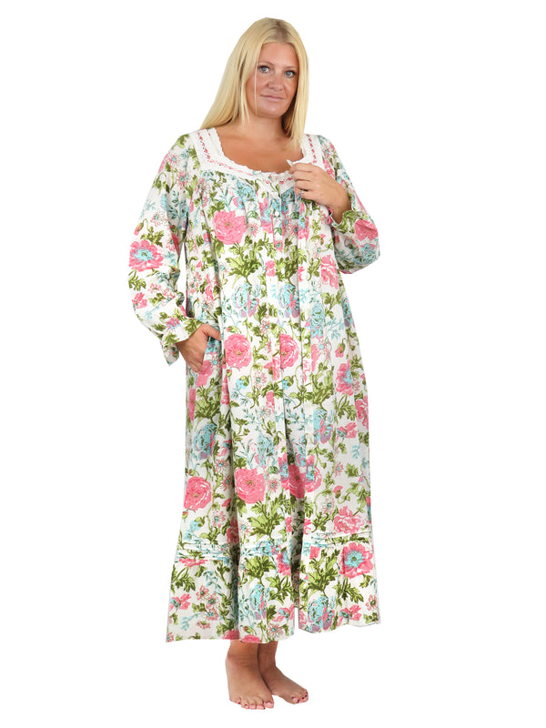 Lace Trimmed English Garden Print Button Front Robe Gown