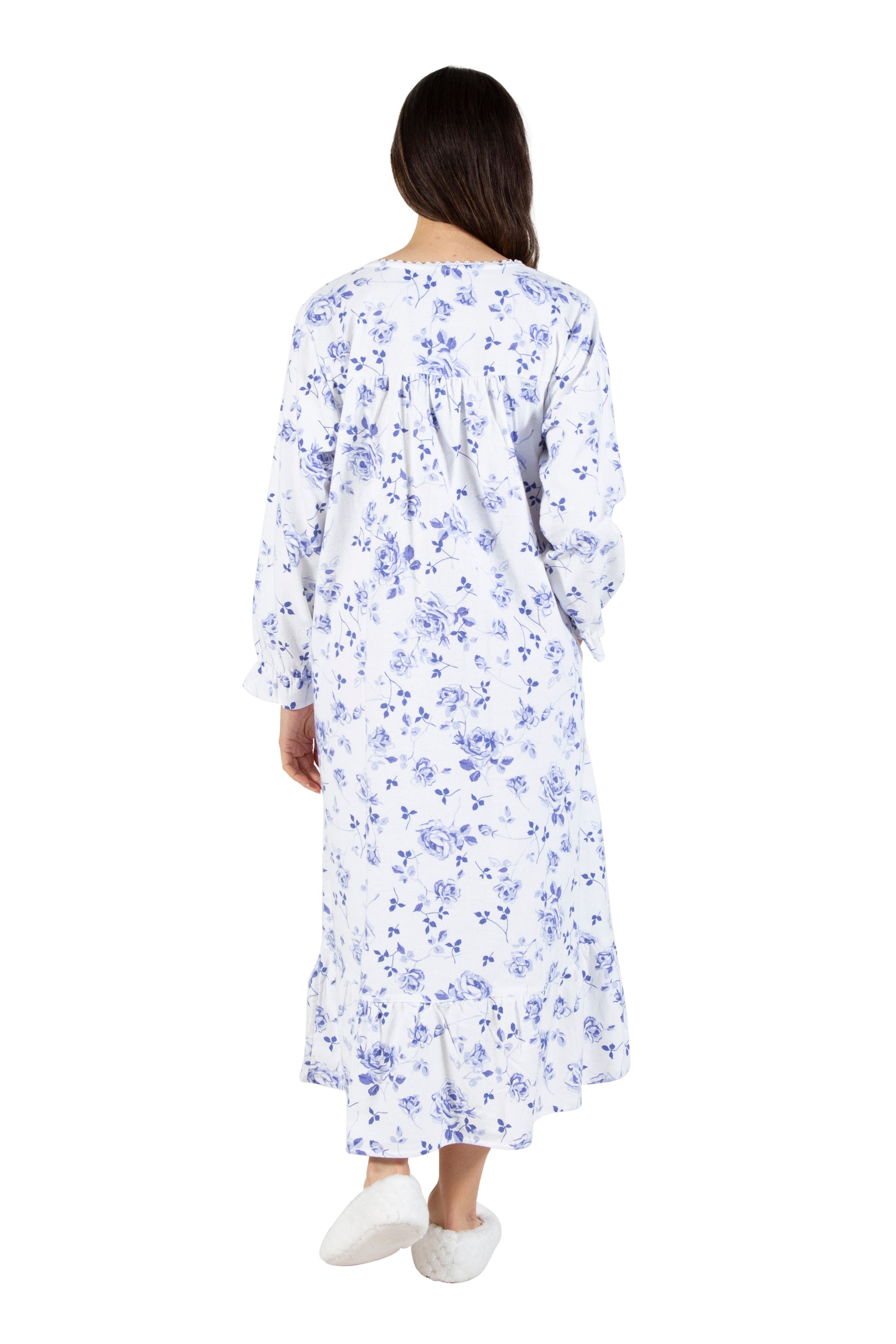 La Cera Porcelain Blue Floral Flannel Gown - La Cera
