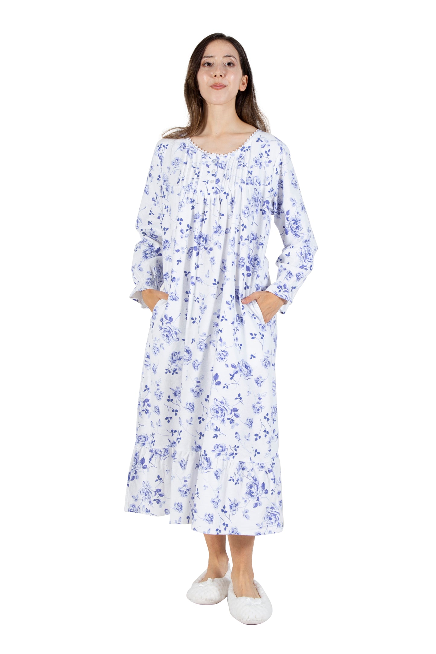 La Cera Porcelain Blue Floral Flannel Gown - La Cera