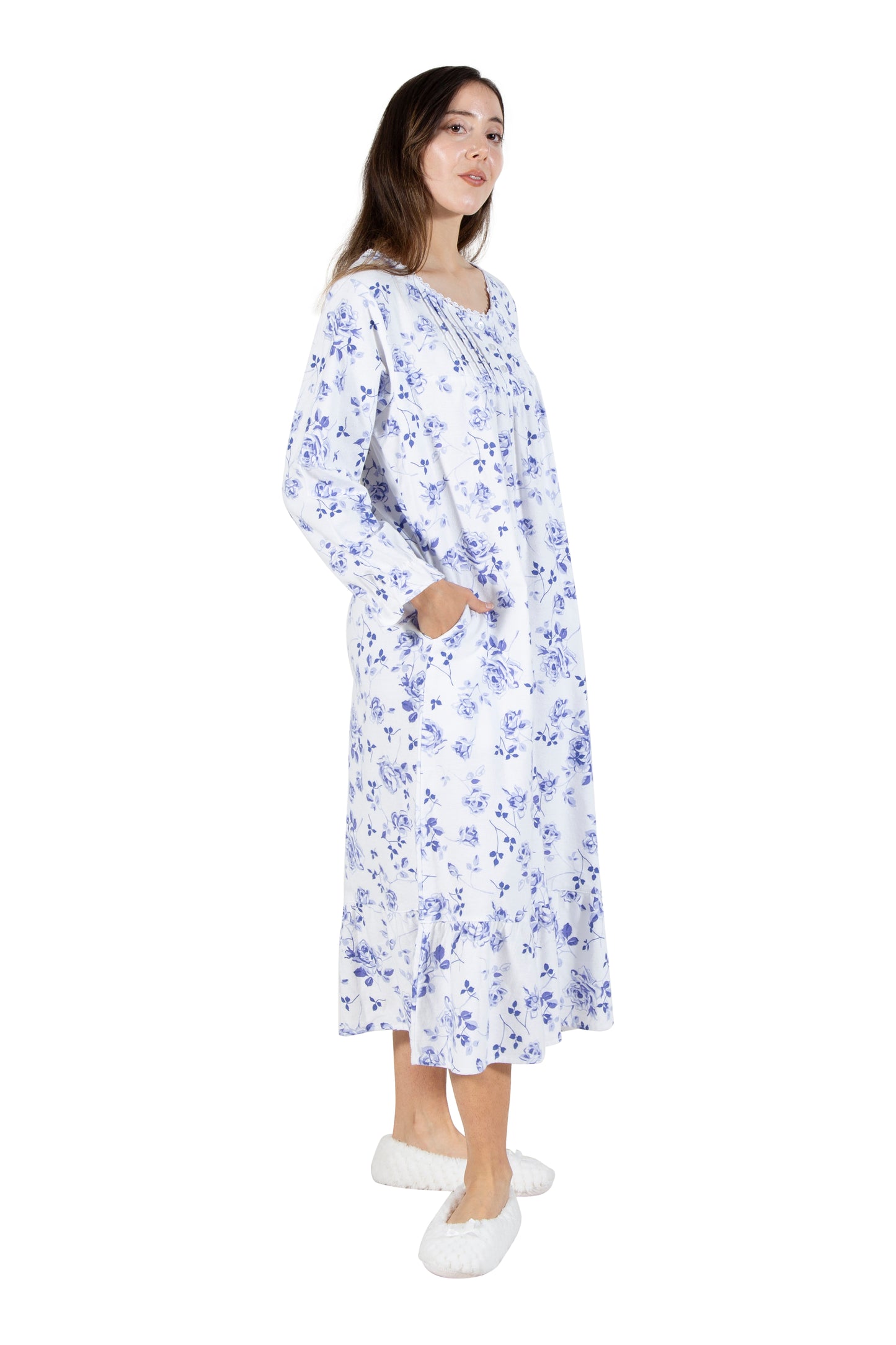 La Cera Porcelain Blue Floral Flannel Gown - La Cera