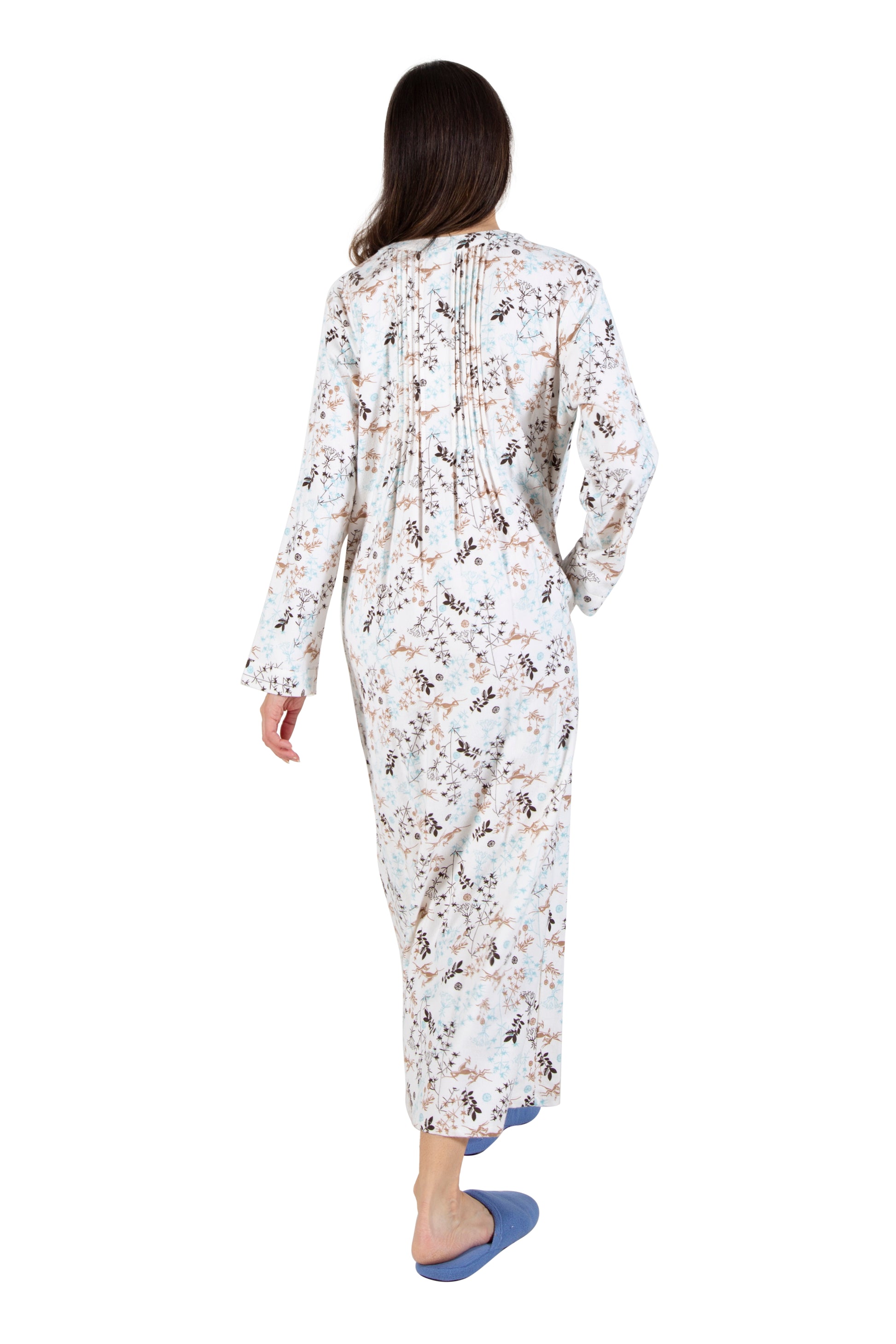Printed Flannel Nightgown With Release Pleats - La Cera