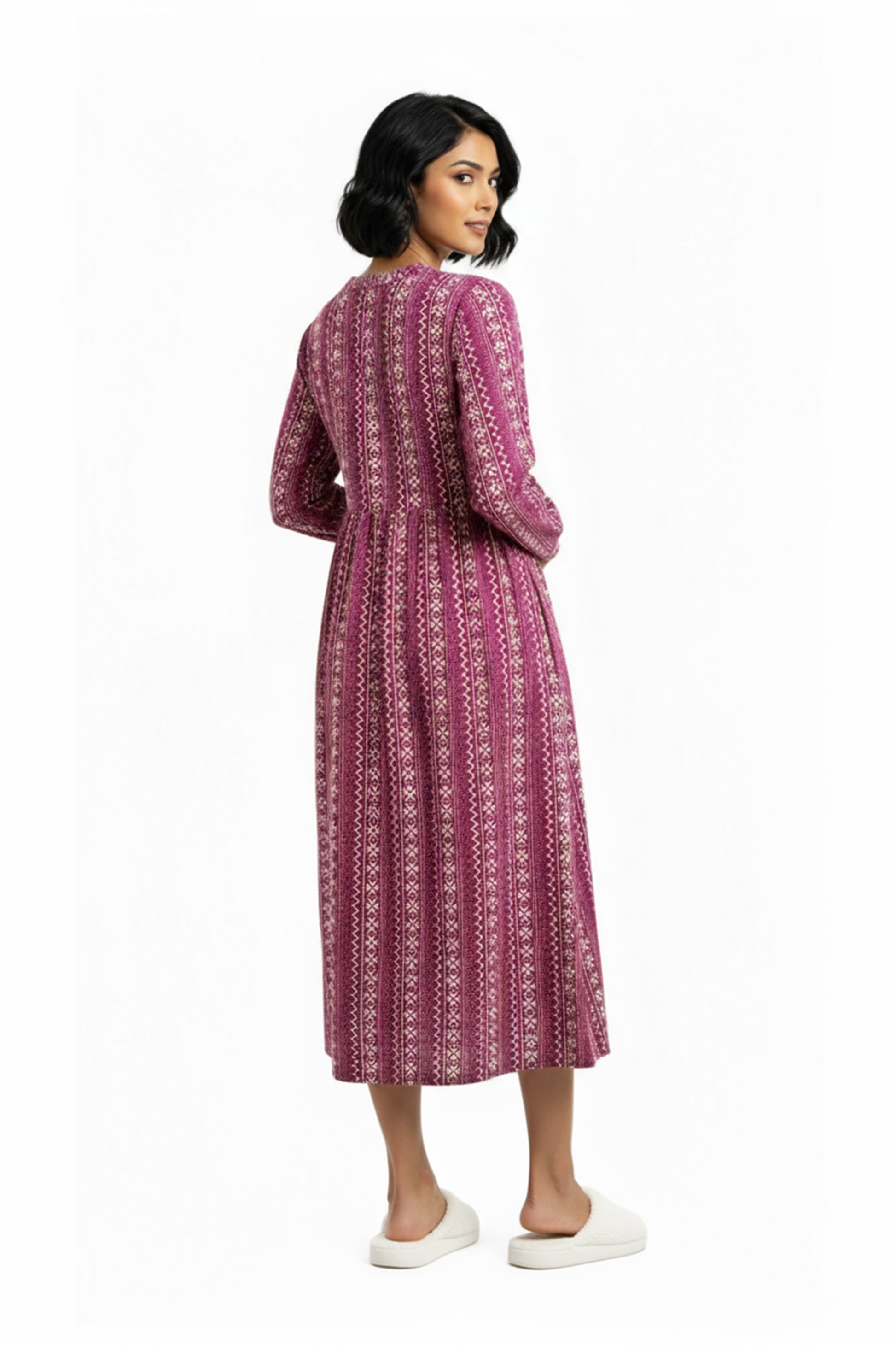 Printed Flannel Nightgown With Release Pleats - La Cera