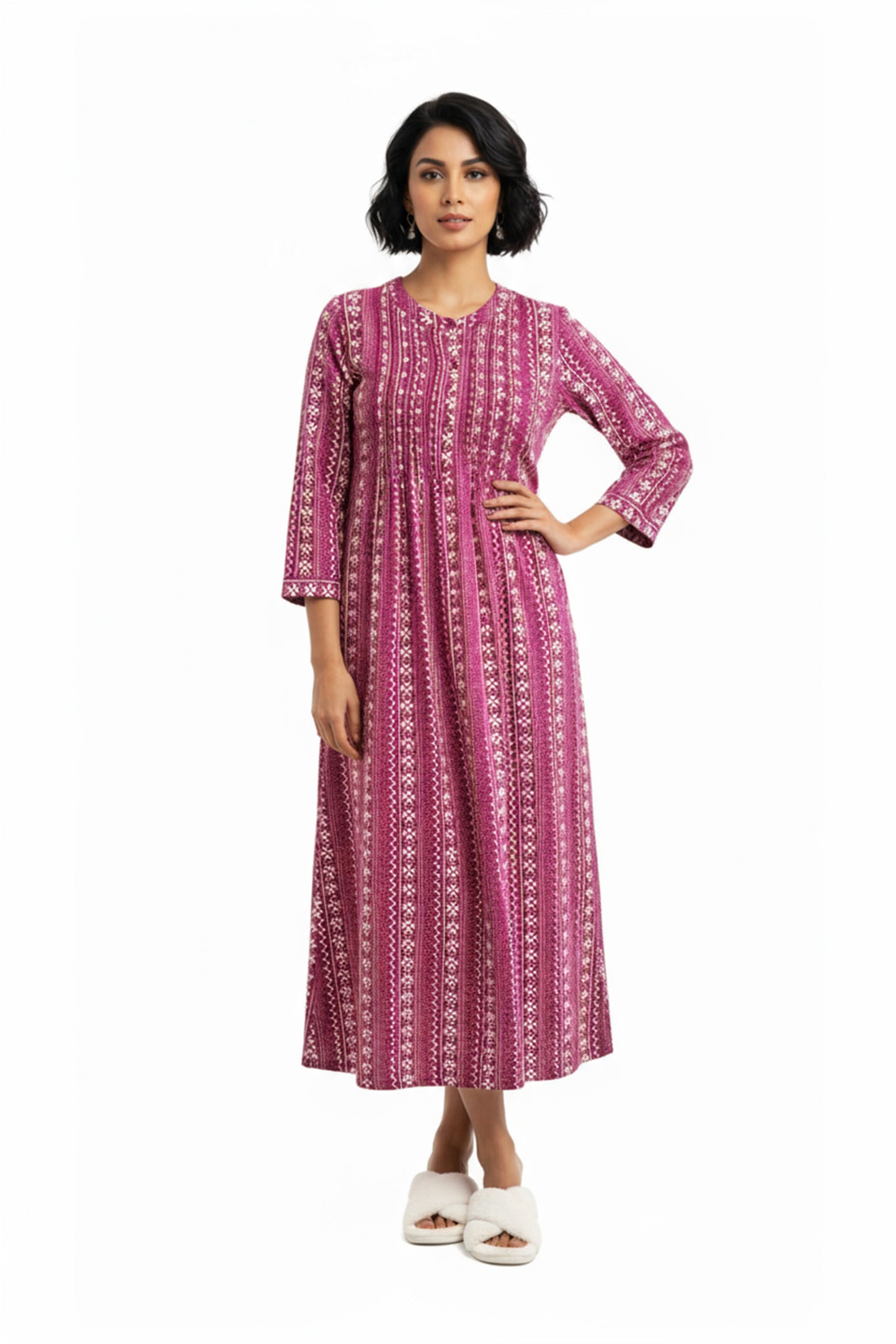 Printed Flannel Nightgown With Release Pleats - La Cera