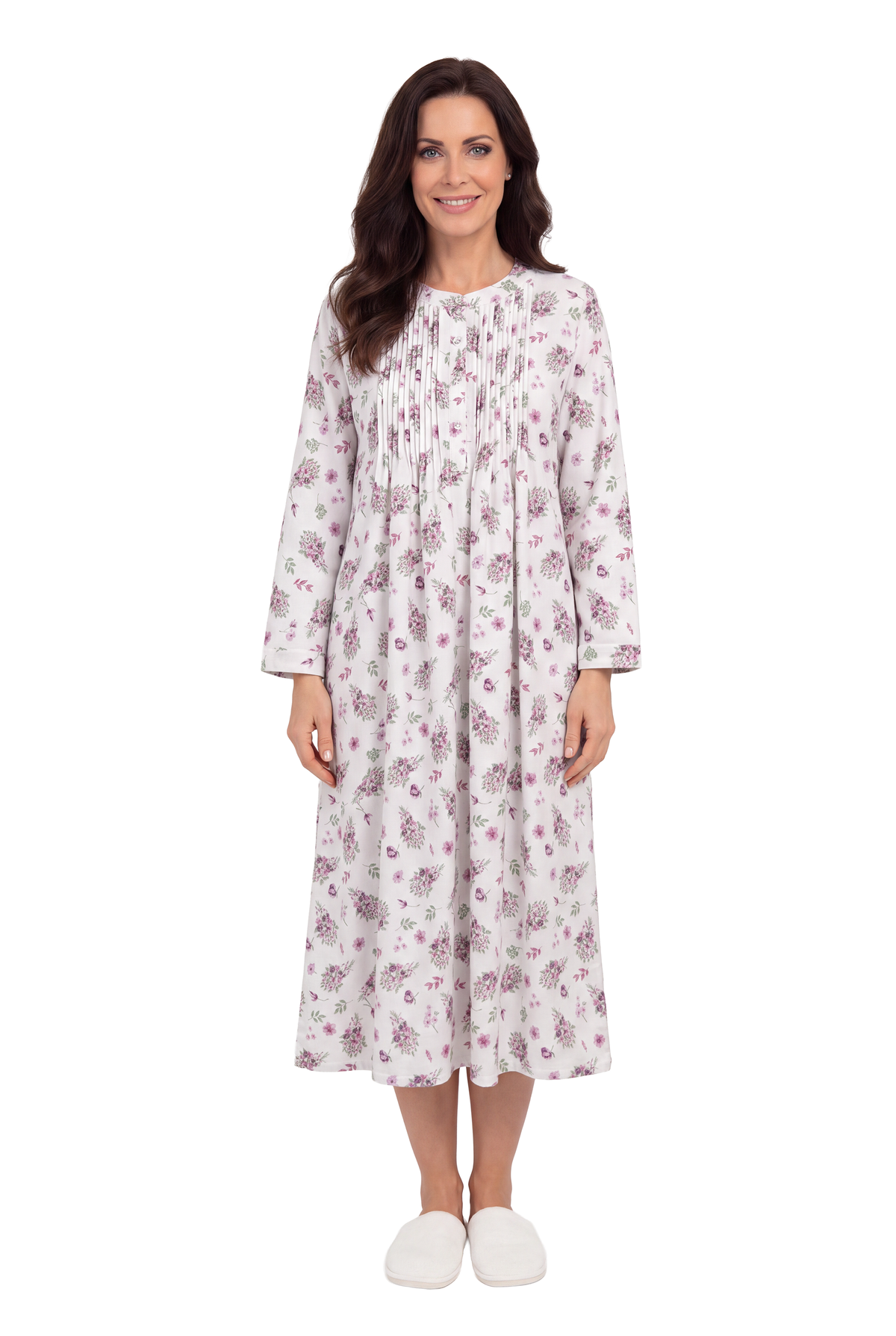 Printed Flannel Nightgown With Release Pleats