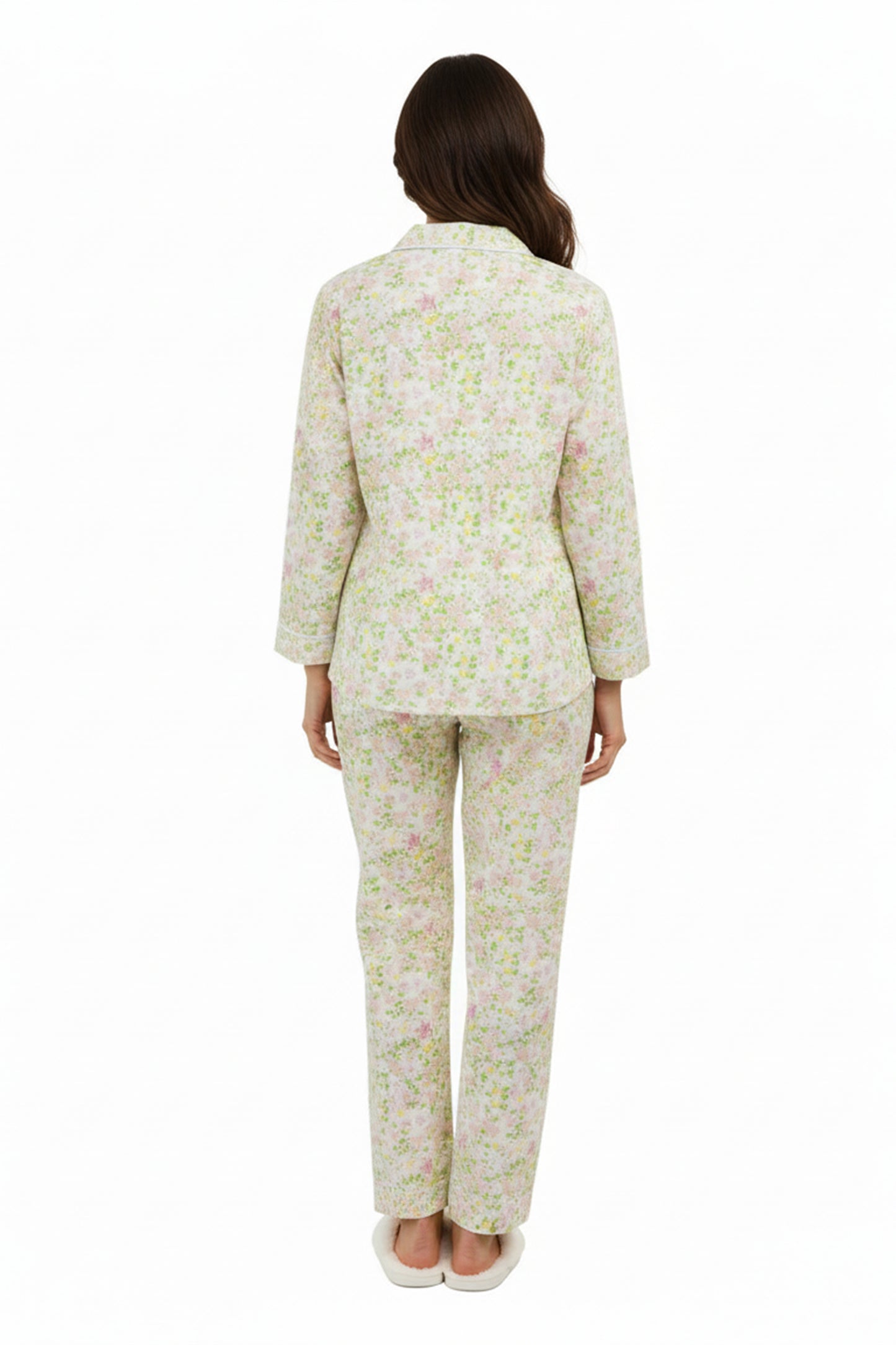 La Cera Long Sleeve White Lime Floral Pajama Set