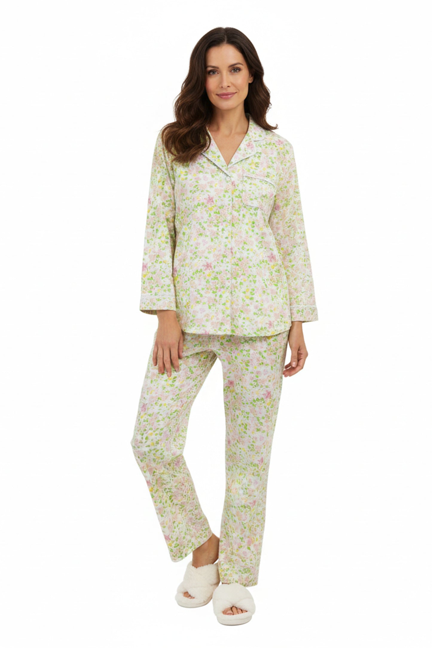La Cera Long Sleeve White Lime Floral Pajama Set