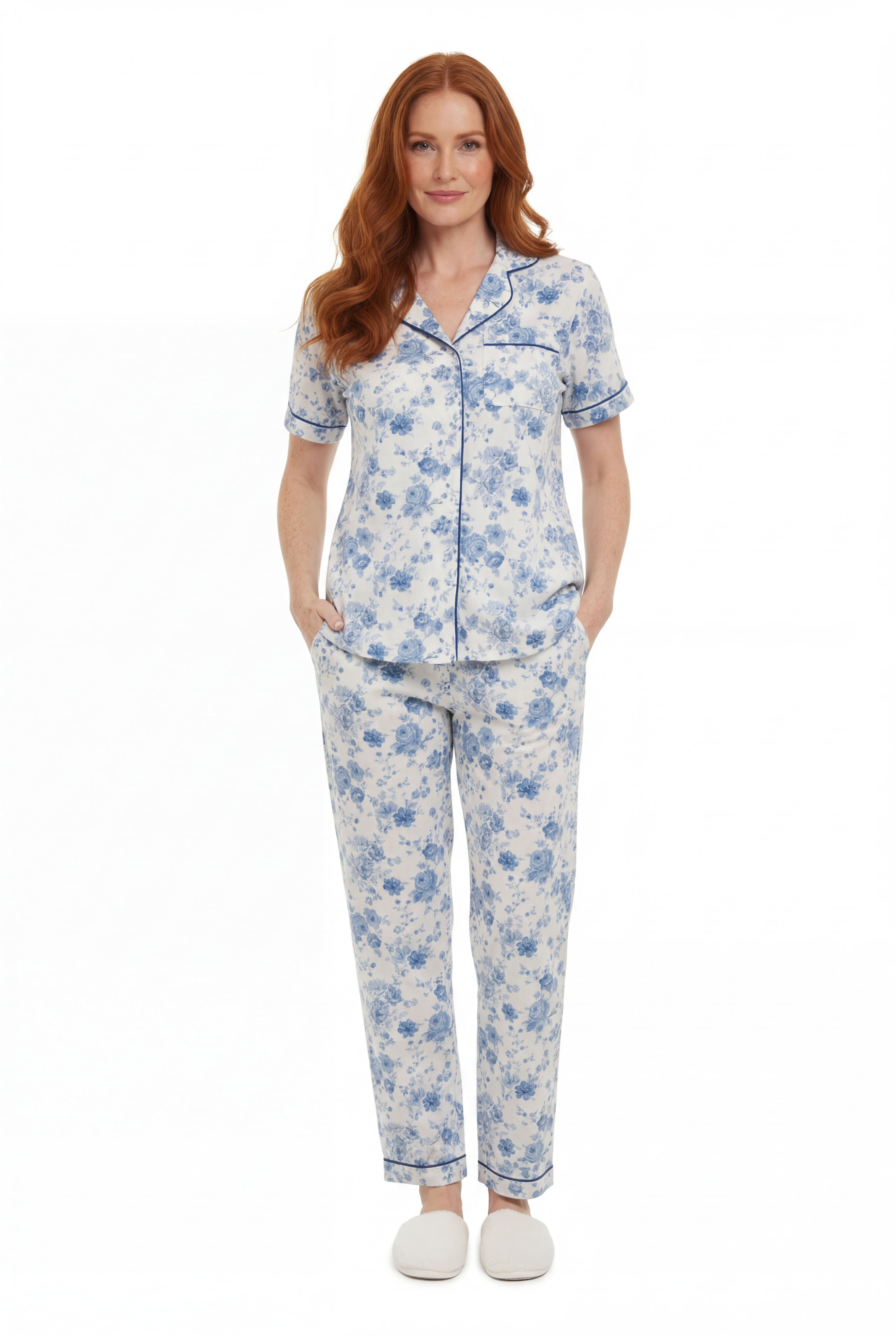 La Cera Short Sleeve Blue Floral Print Pajama Set - La Cera
