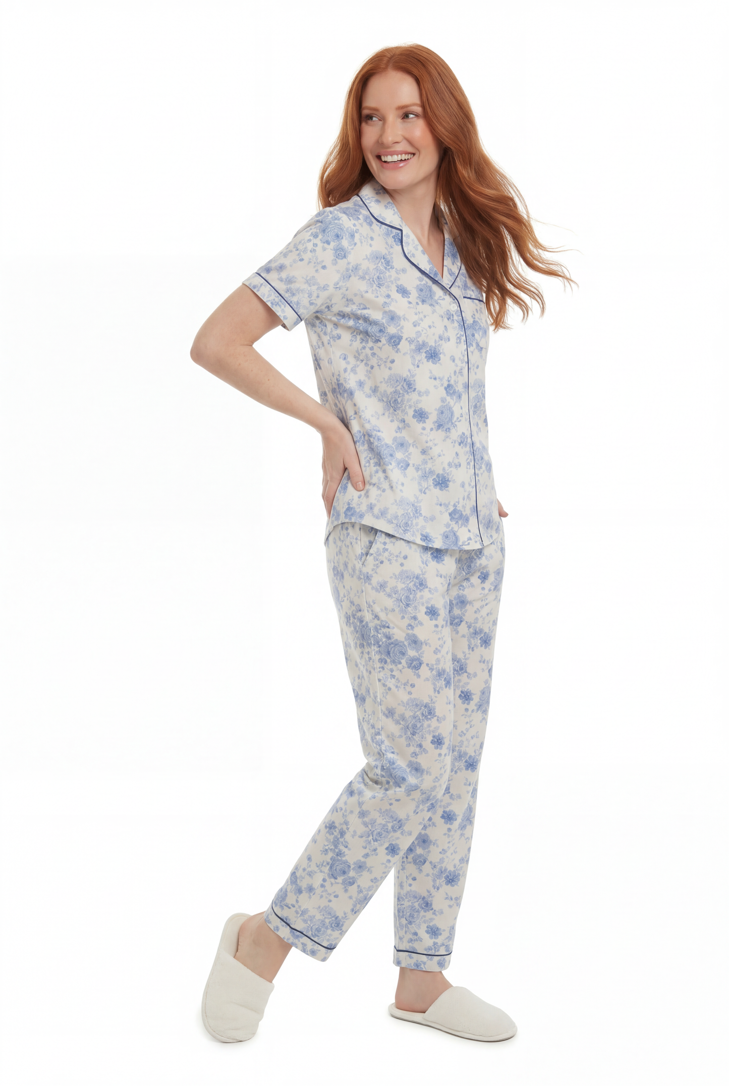 La Cera Short Sleeve Blue Floral Print Pajama Set - La Cera