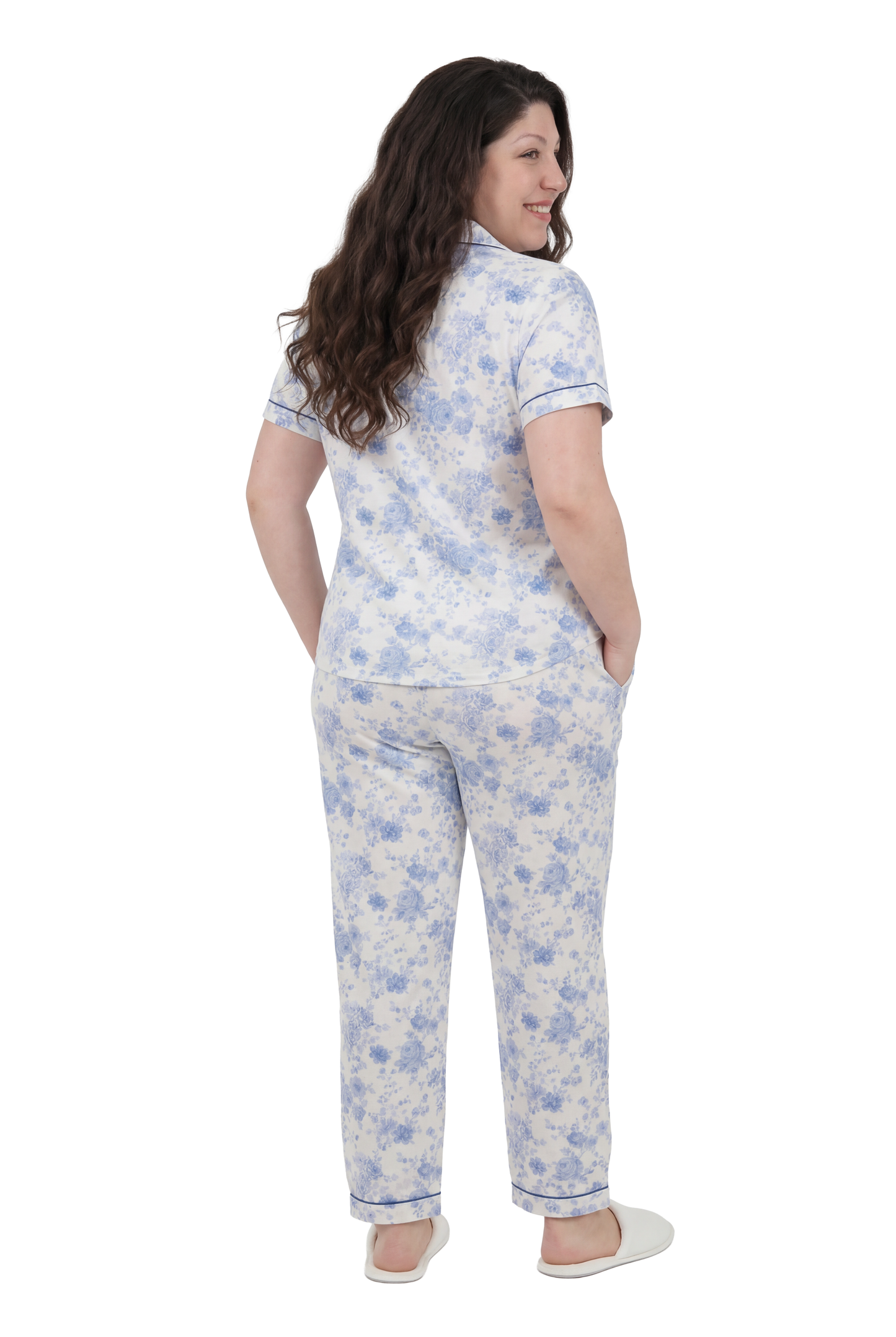 La Cera Plus Size Short Sleeve Blue Floral Print Pajama Set - La Cera