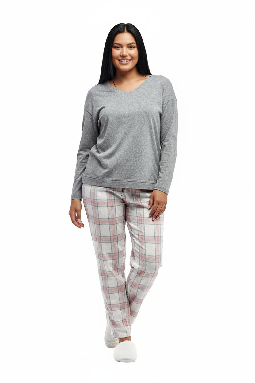 Plus Flannel Plaid and Cotton Knit PJ - La Cera