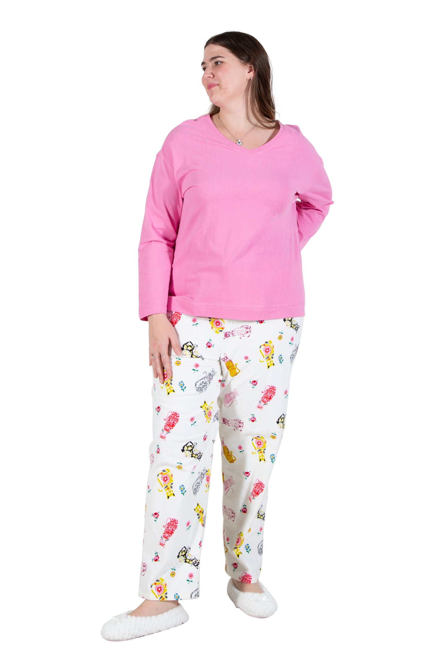 Pink Flannel Cat Print Plus Size Pajama Set - La Cera