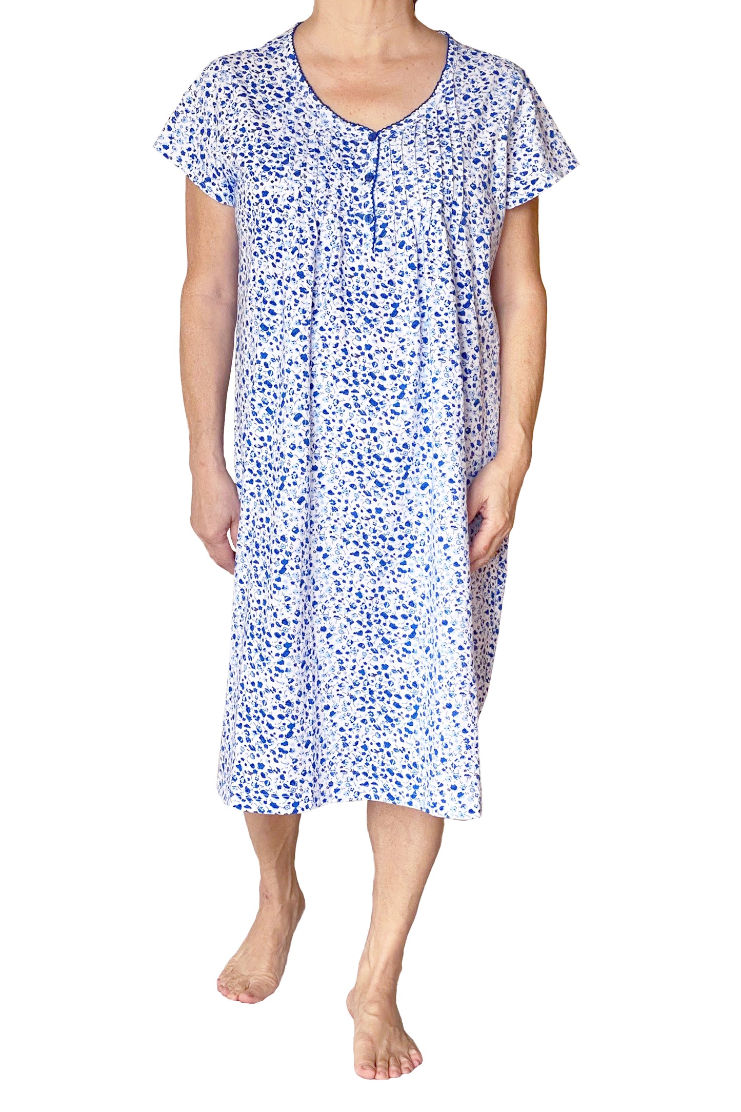 La Cera Blue Posies Cotton Knit Chemise - La Cera