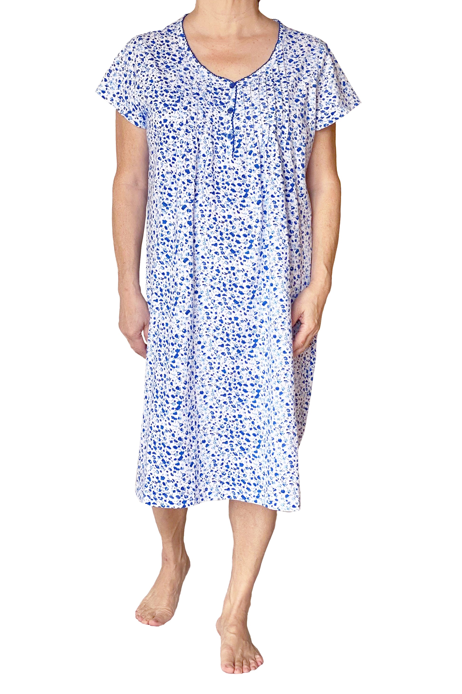 La Cera Blue Posies Cotton Knit Chemise - La Cera