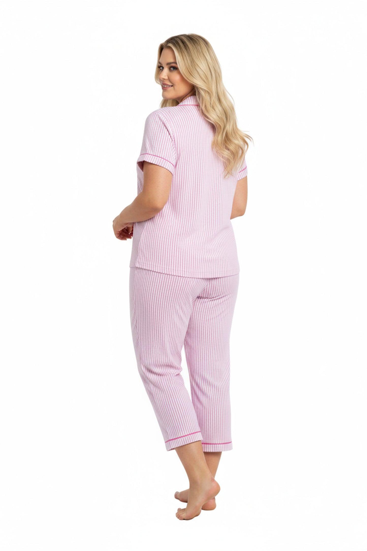 La Cera Plus Size Pin Stripe Cotton Knit Capri PJ - La Cera