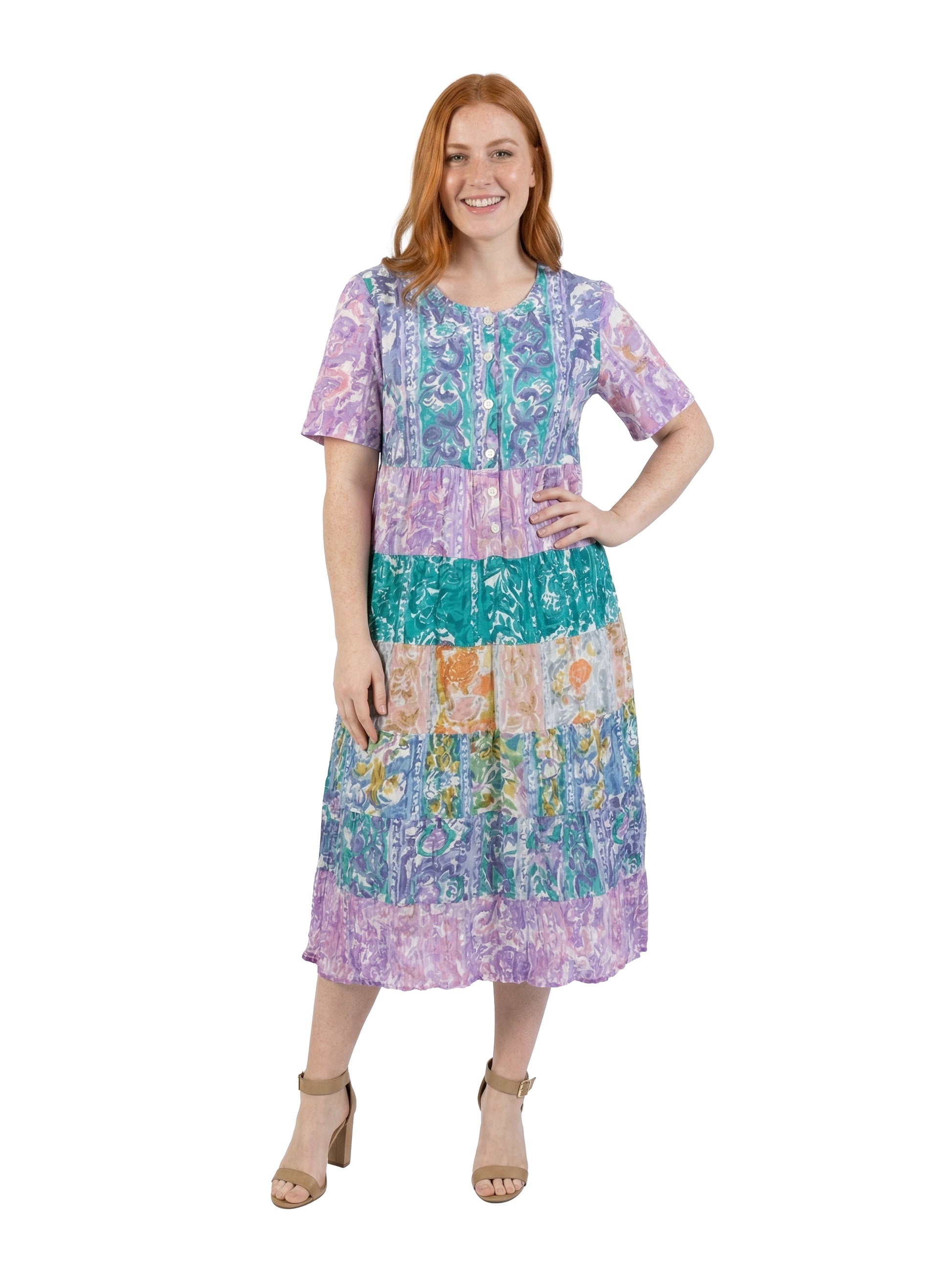 La Cera Plus Size Tiered Watercolor Floral Dress - La Cera