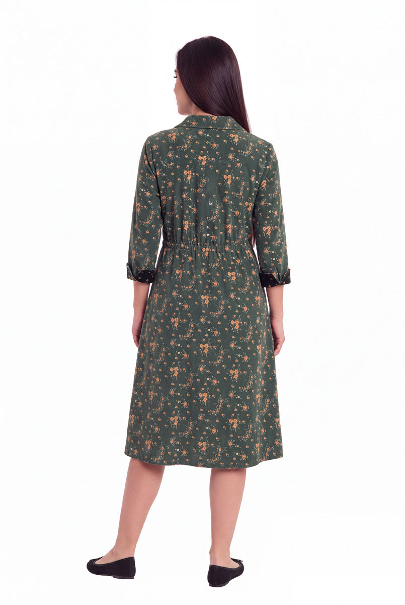 La Cera Long Sleeve Floral Button Notch Collar Short Dress