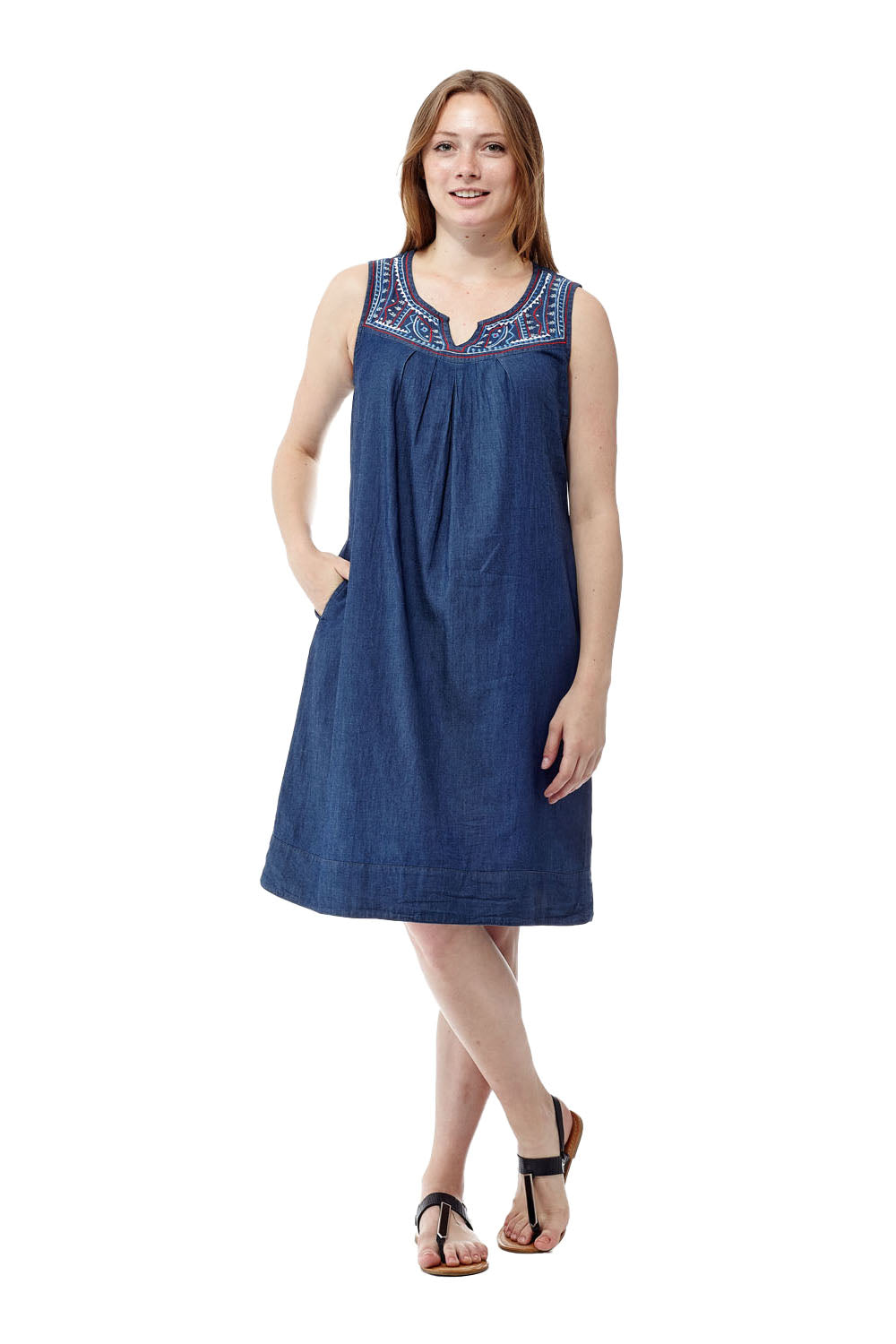 La Cera Sleeveless Embroidered Denim Dress - La Cera