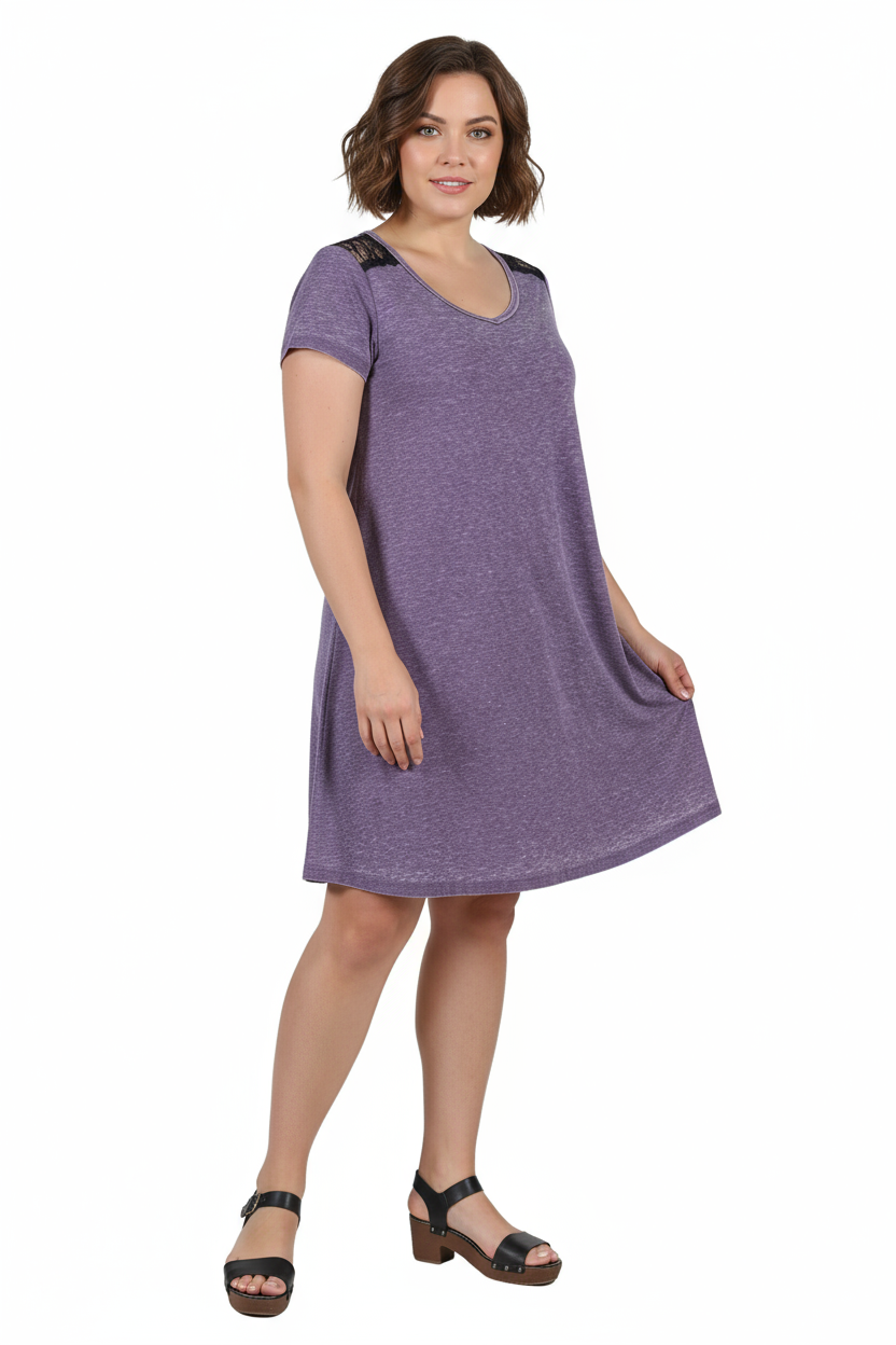 Plus Size Soft & Supple Knit Dress with Lace Trim - La Cera