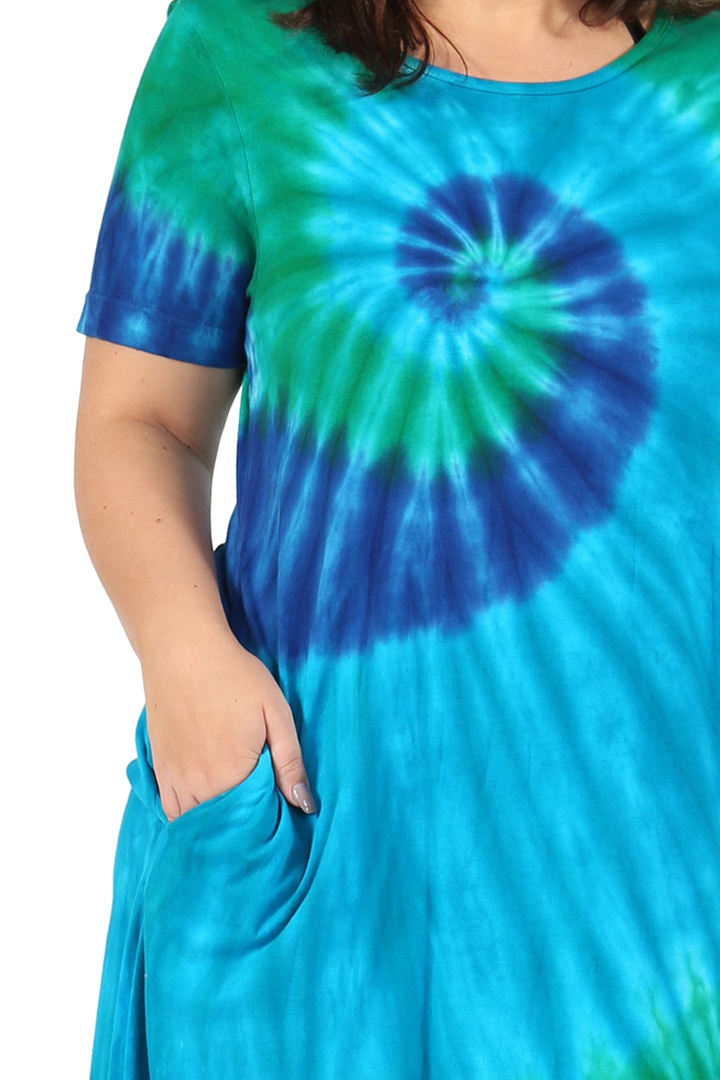 La Cera Cotton Knit Short Sleeve Blue Turquoise Tie-Dye Dress - Plus Size - La Cera