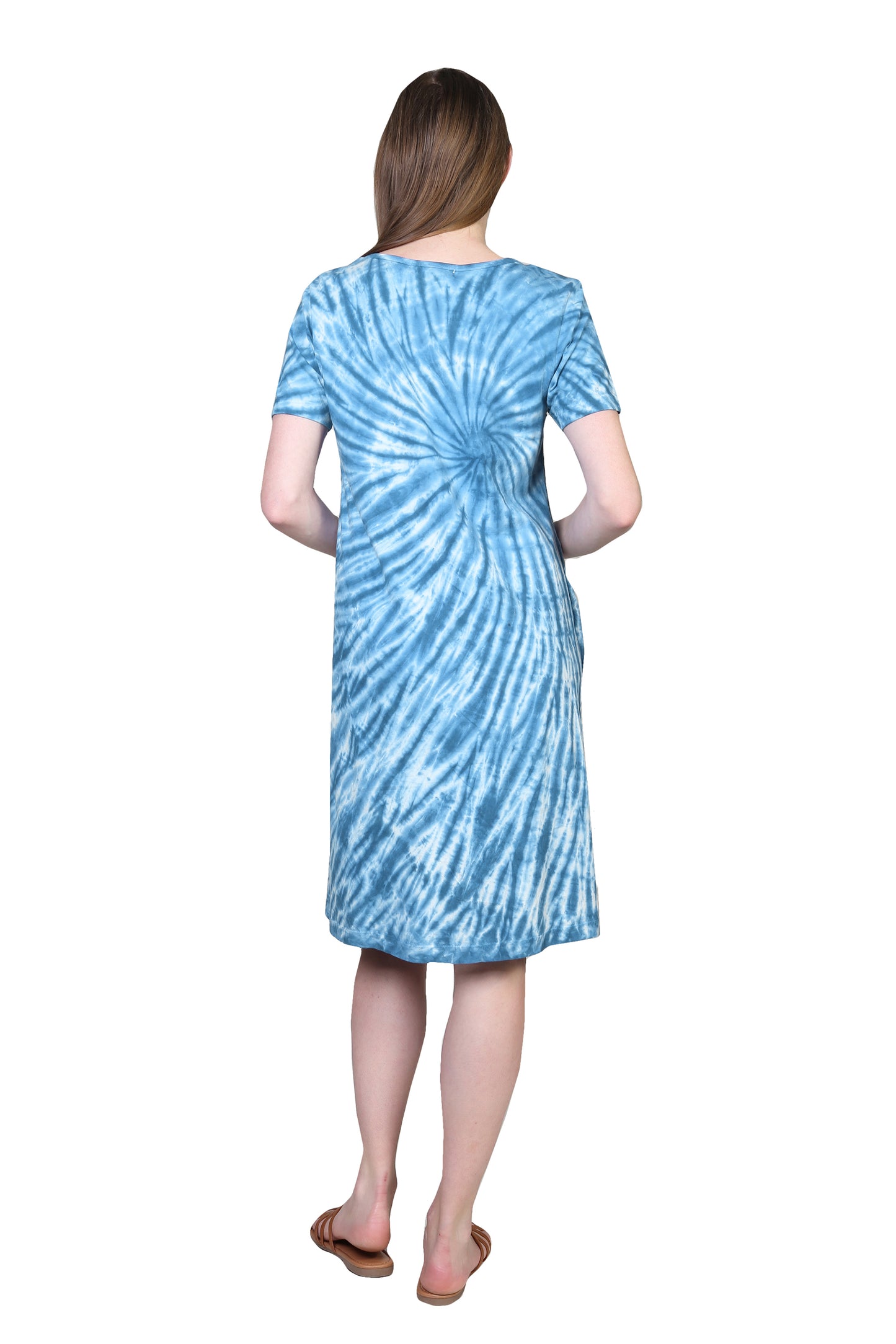 La Cera Cotton Knit Short Sleeve Blue Tie-Dye Dress