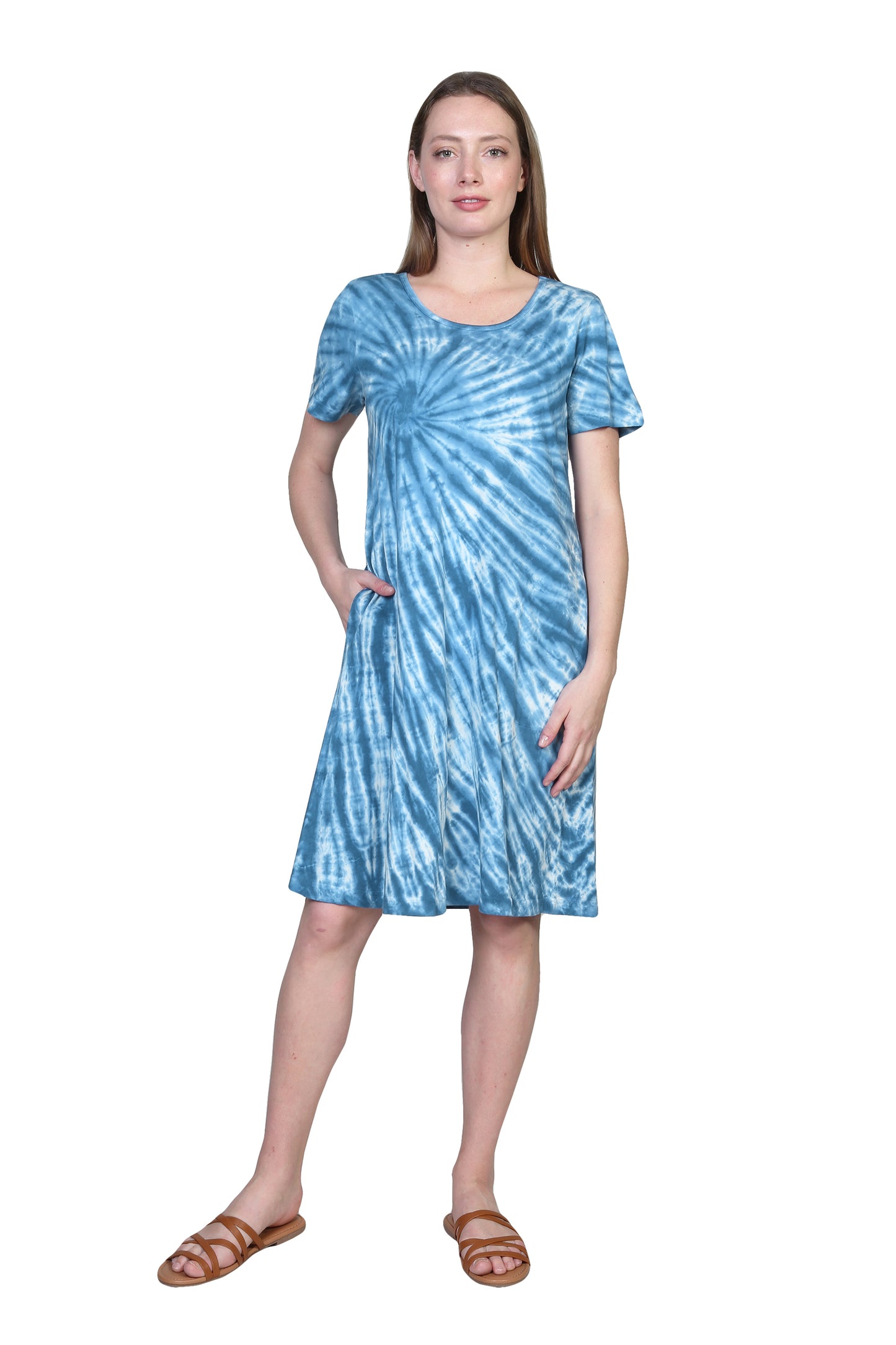 La Cera Cotton Knit Short Sleeve Blue Tie-Dye Dress