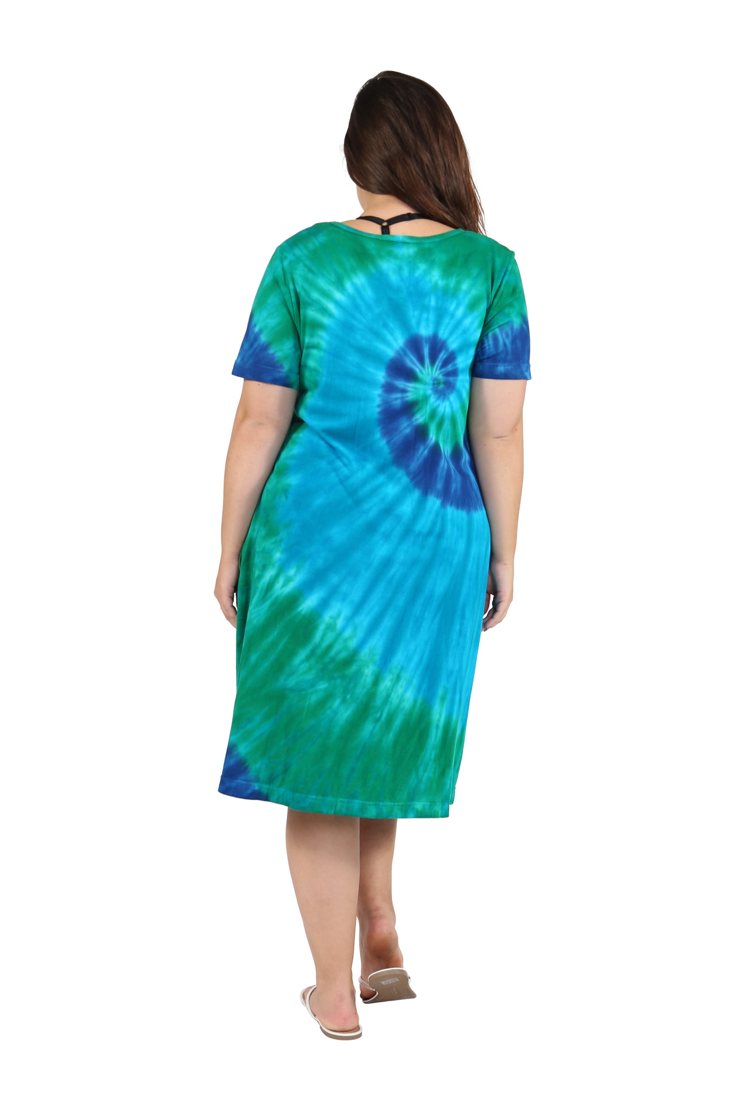 La Cera Cotton Knit Short Sleeve Blue Turquoise Tie-Dye Dress - Plus Size - La Cera