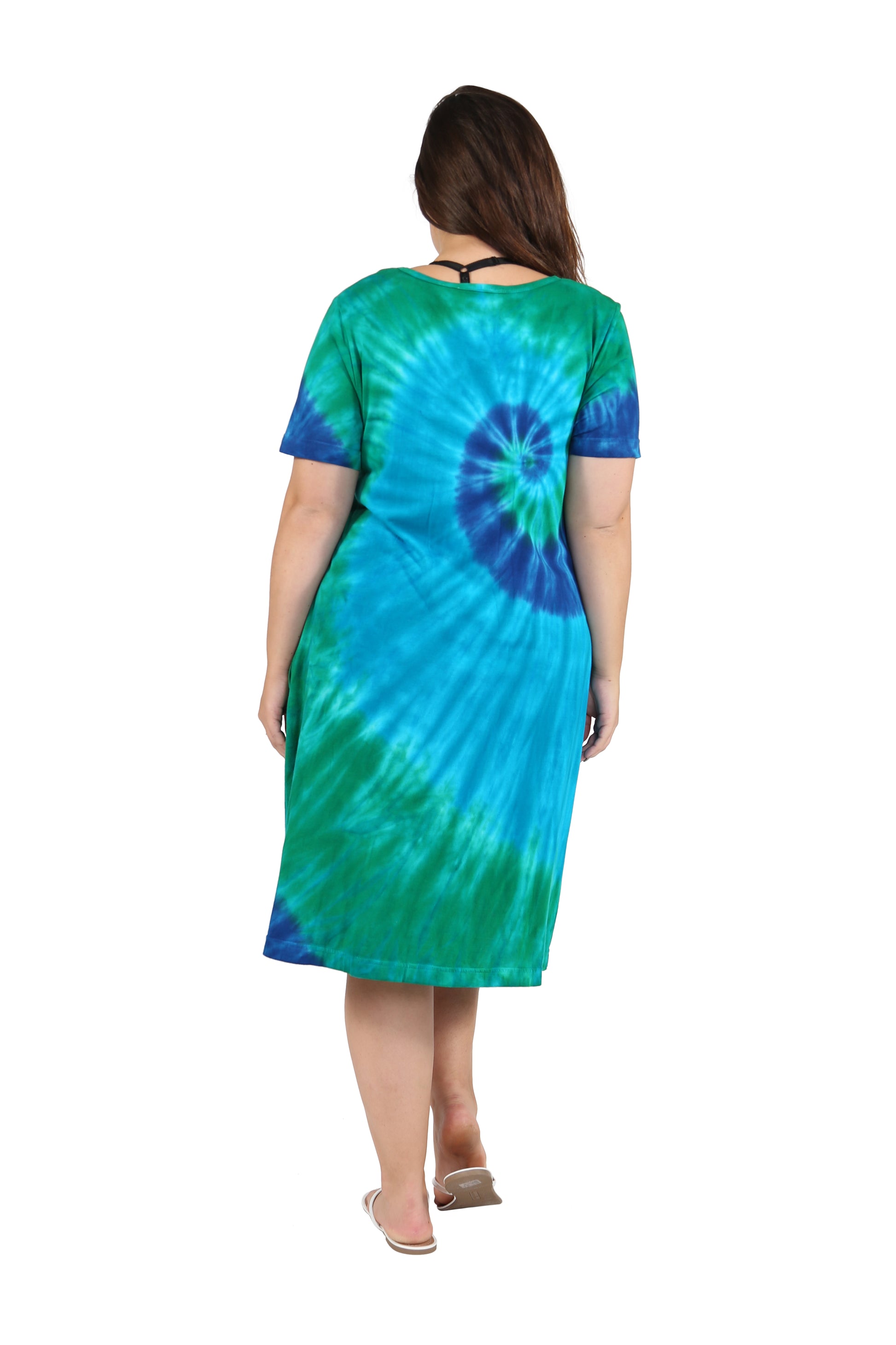 La Cera Cotton Knit Short Sleeve Blue Turquoise Tie-Dye Dress - Plus Size - La Cera