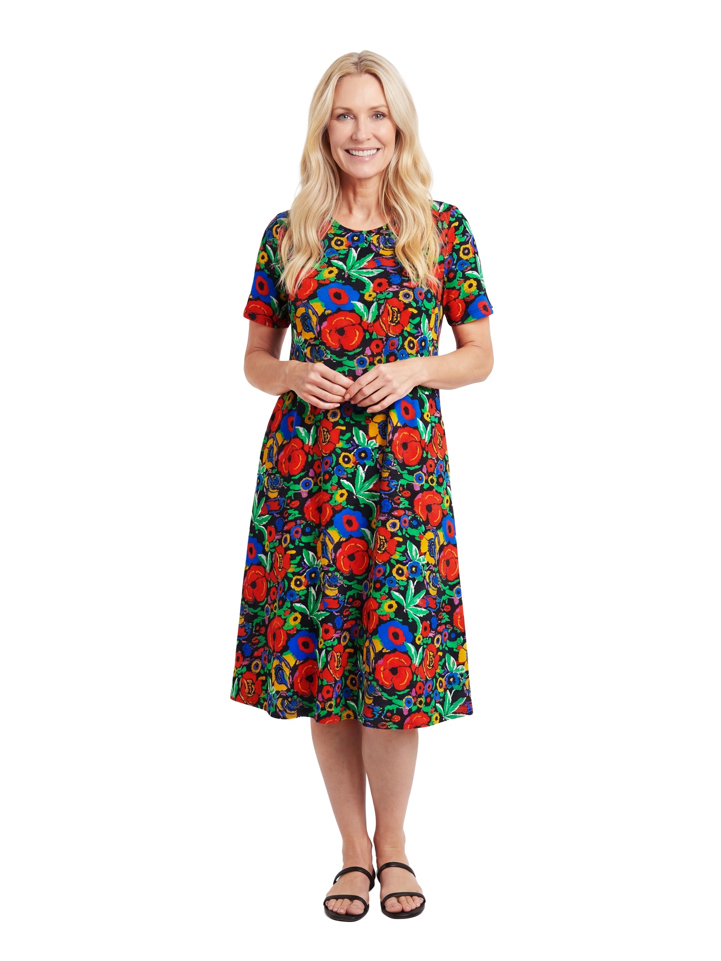 La Cera Printed 100% Cotton Knit A-Line Dress - La Cera