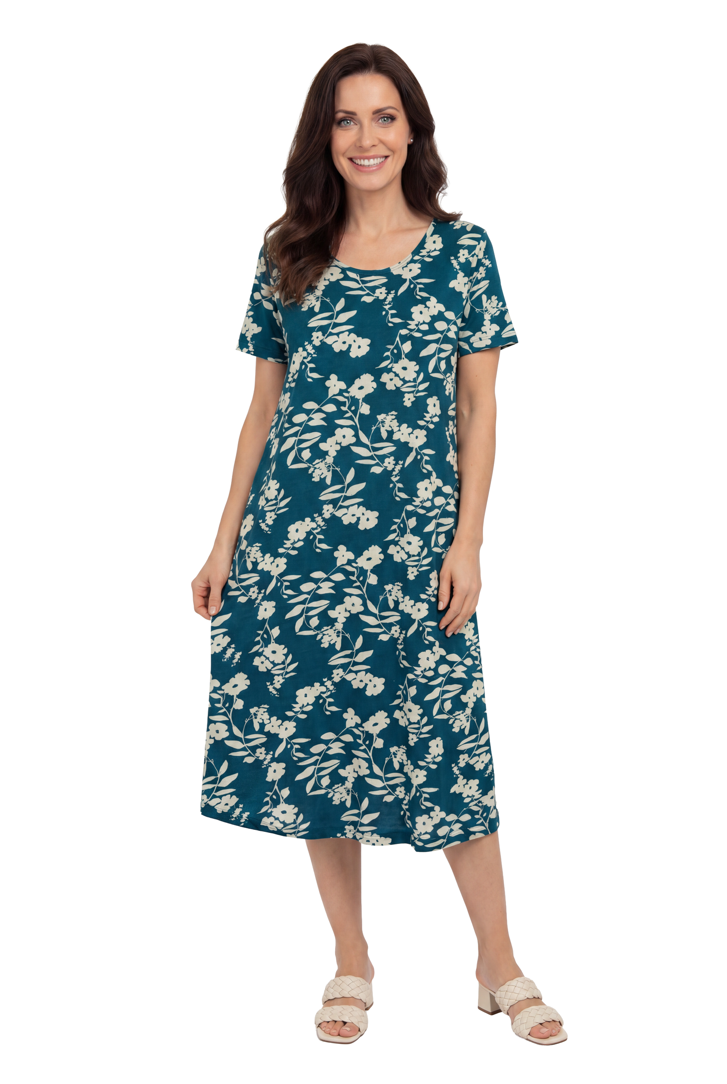 La Cera White Floral Vine Printed A-Line Dress