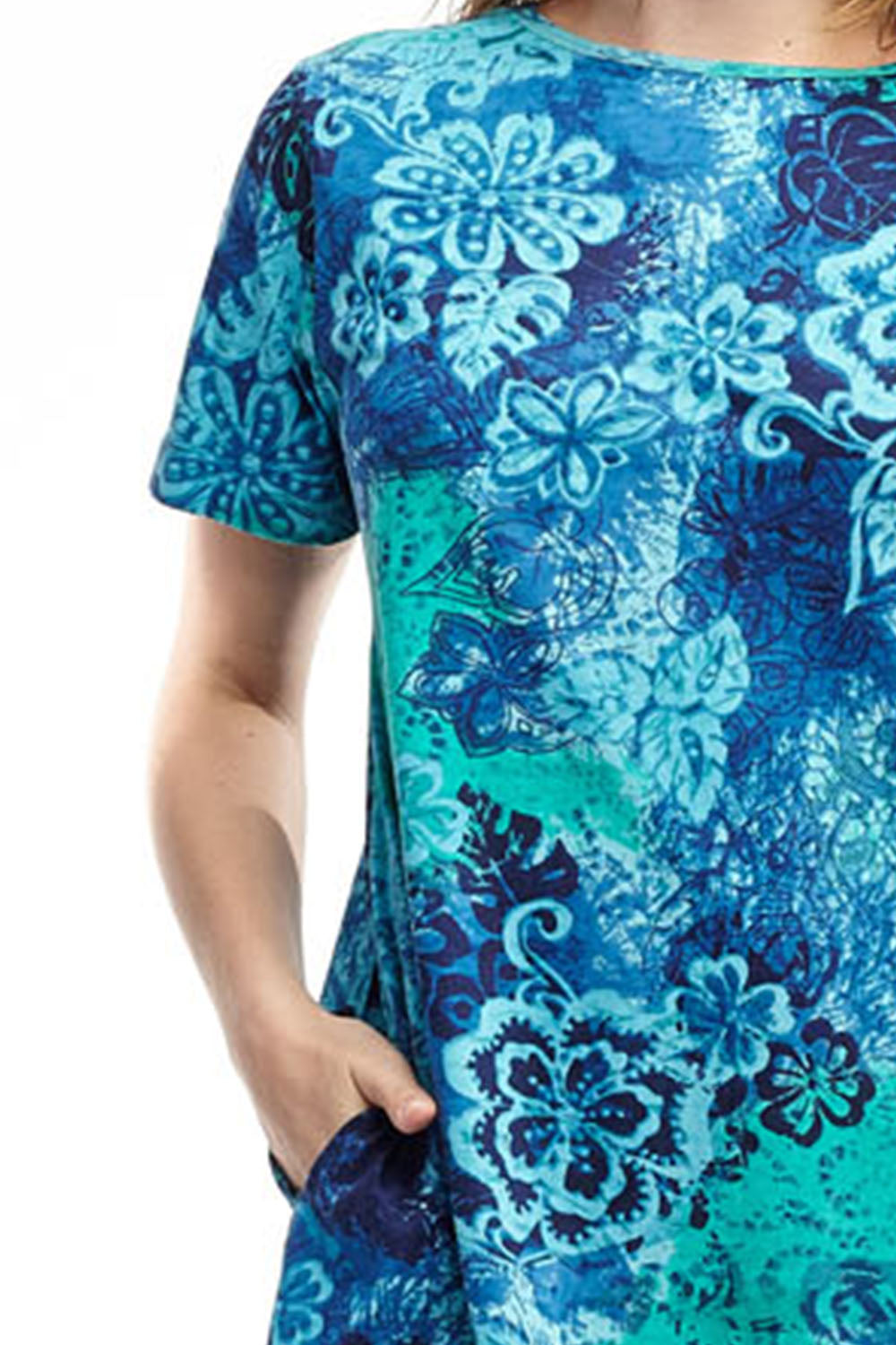 La Cera Plus Size Blue Floral Print A-Line Dress - La Cera