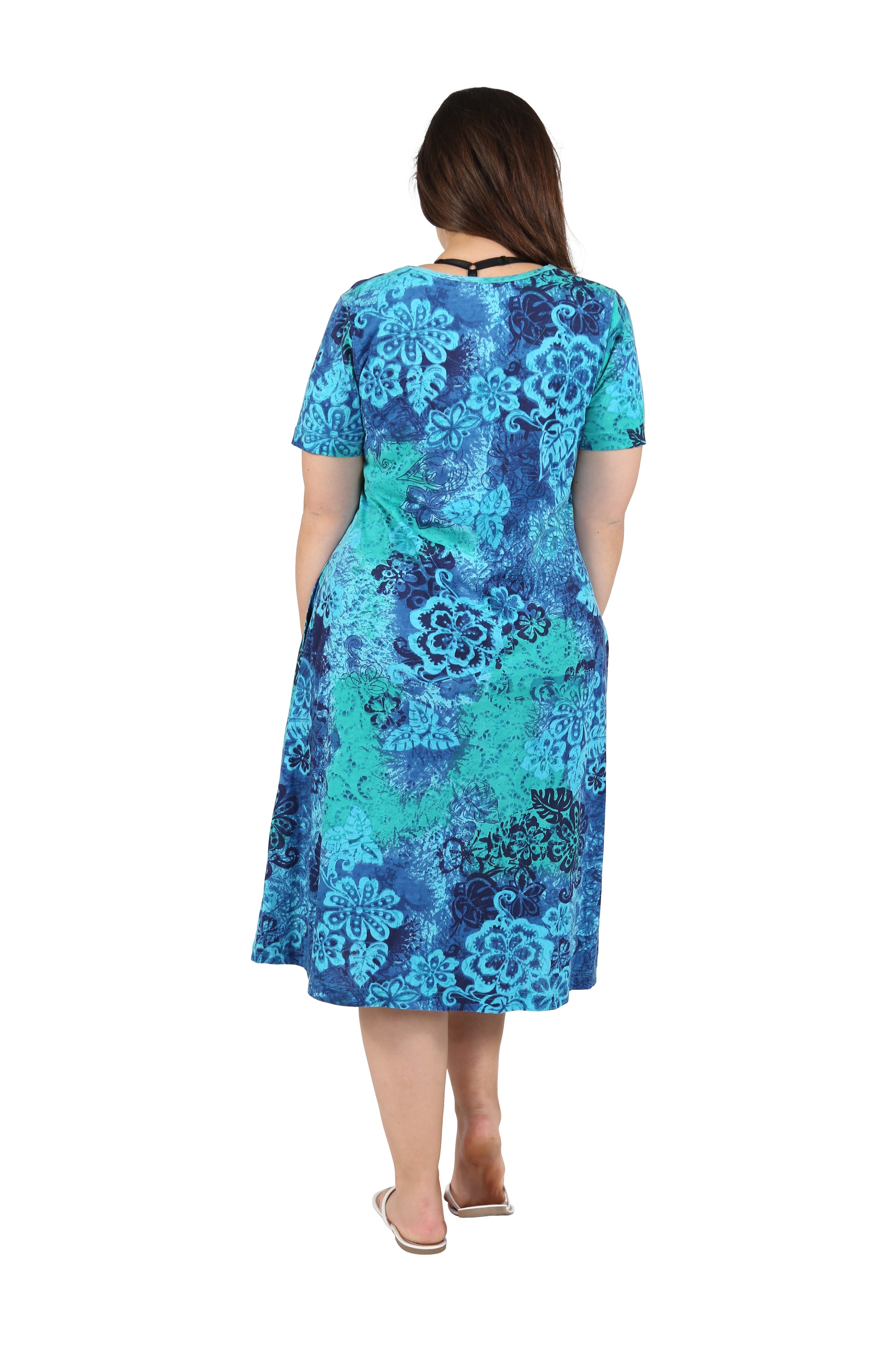 La Cera Plus Size Blue Floral Print A-Line Dress - La Cera