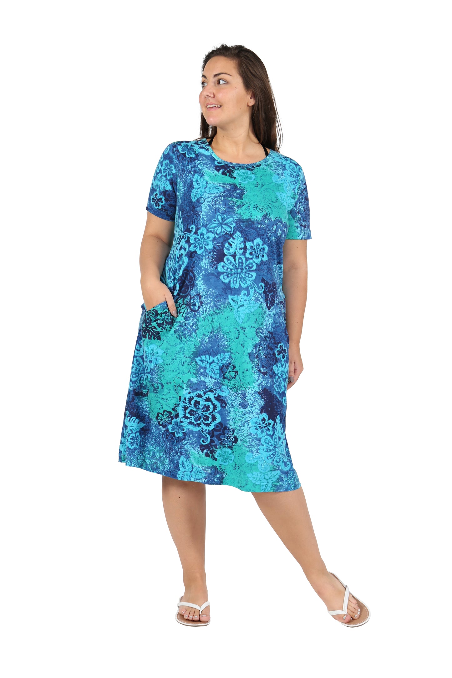 La Cera Plus Size Blue Floral Print A-Line Dress - La Cera