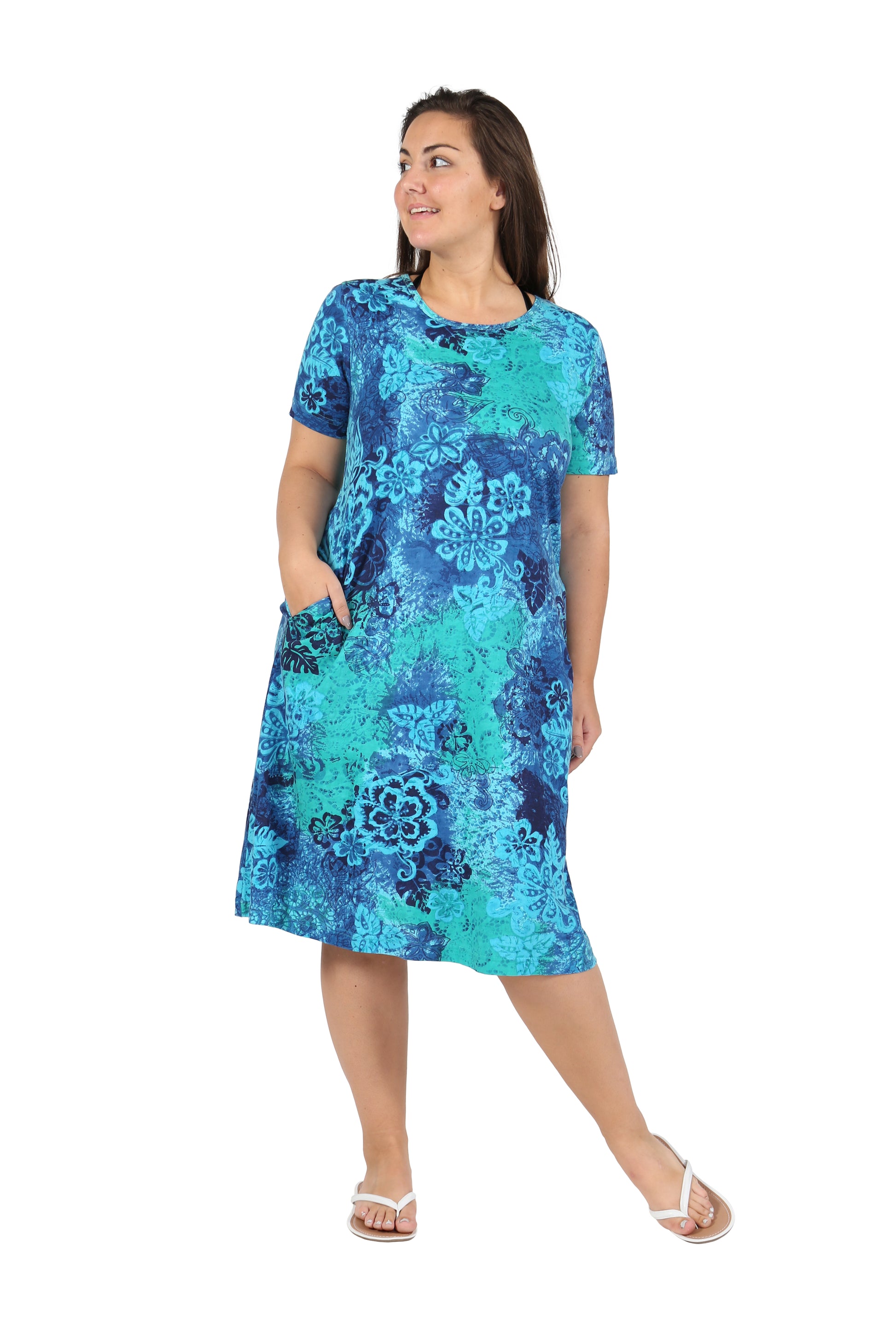 La Cera Plus Size Blue Floral Print A-Line Dress - La Cera