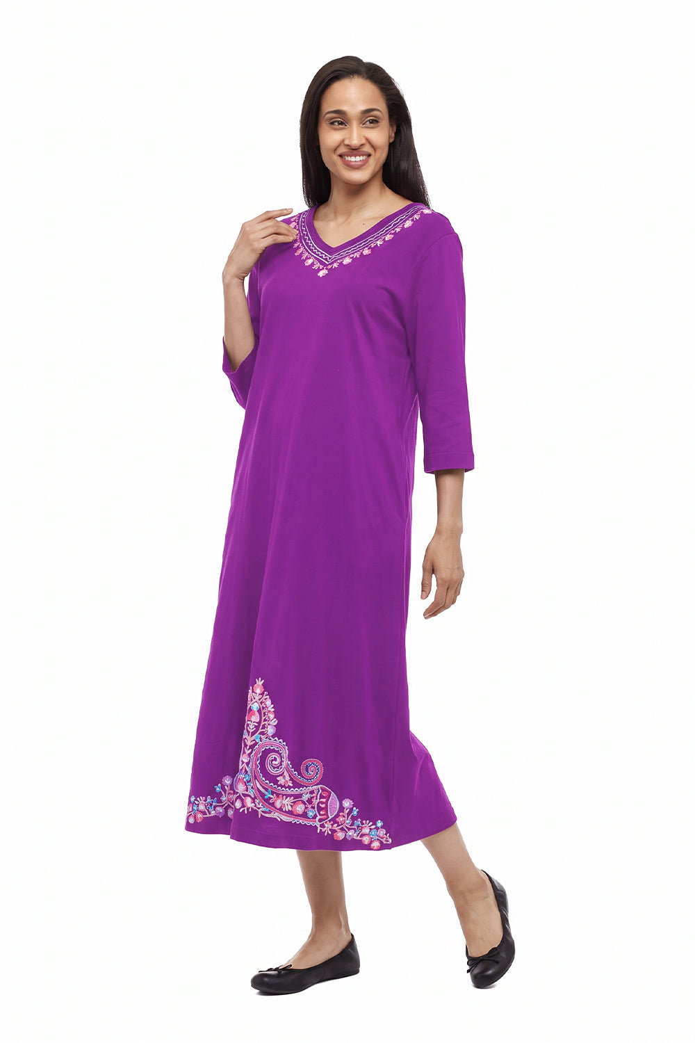 La Cera V-Neck 3/4 Sleeve Embroidered Dress