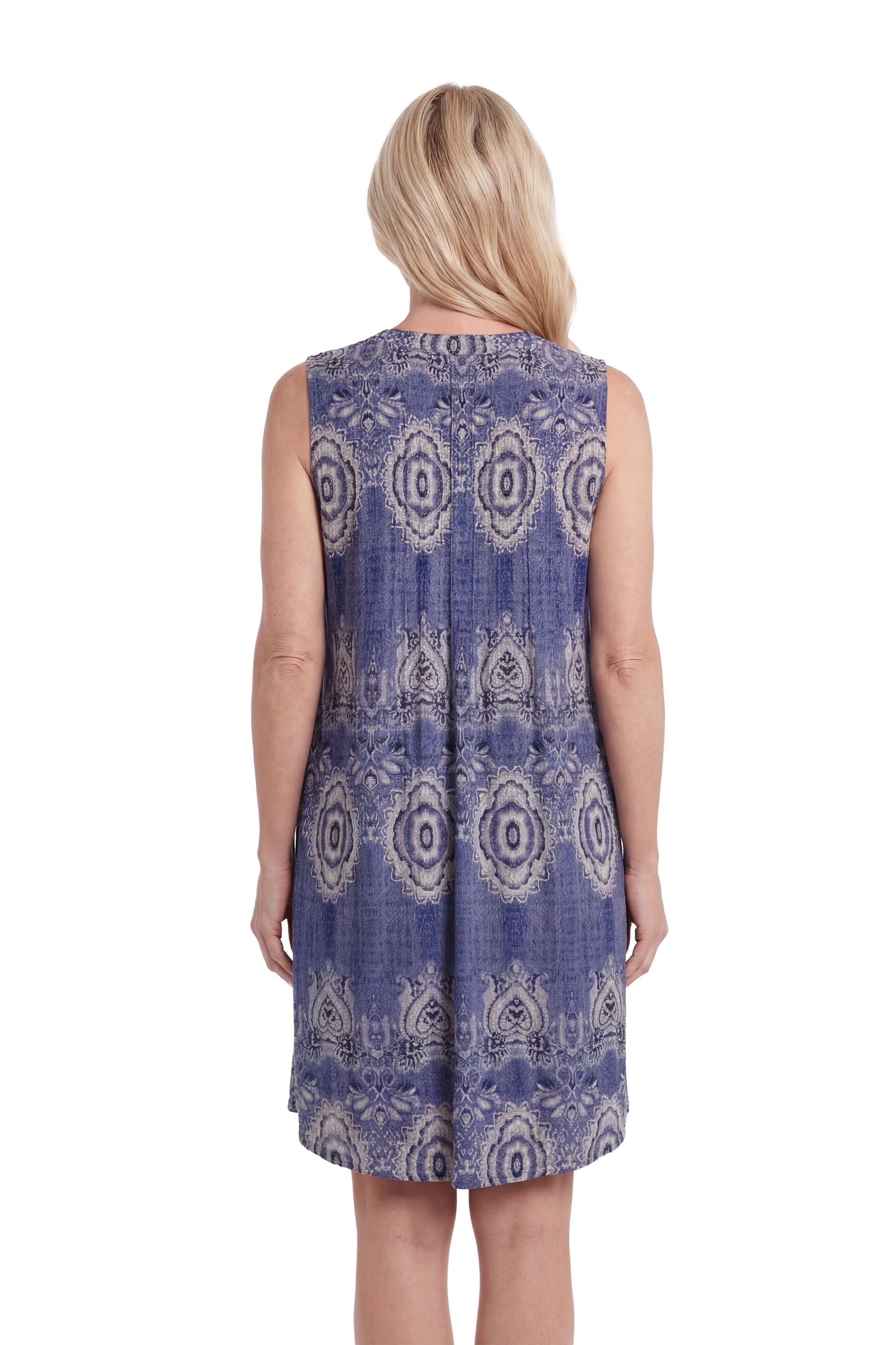 La Cera Shades of Denim Print Sleeveless Dress - La Cera