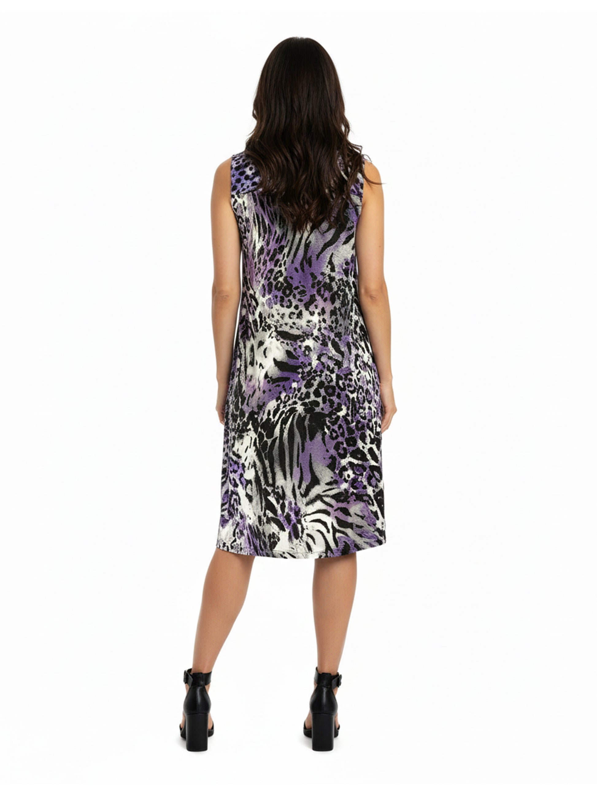 Pleat Front Sleeveless Purple Cheetah Print Dress - La Cera