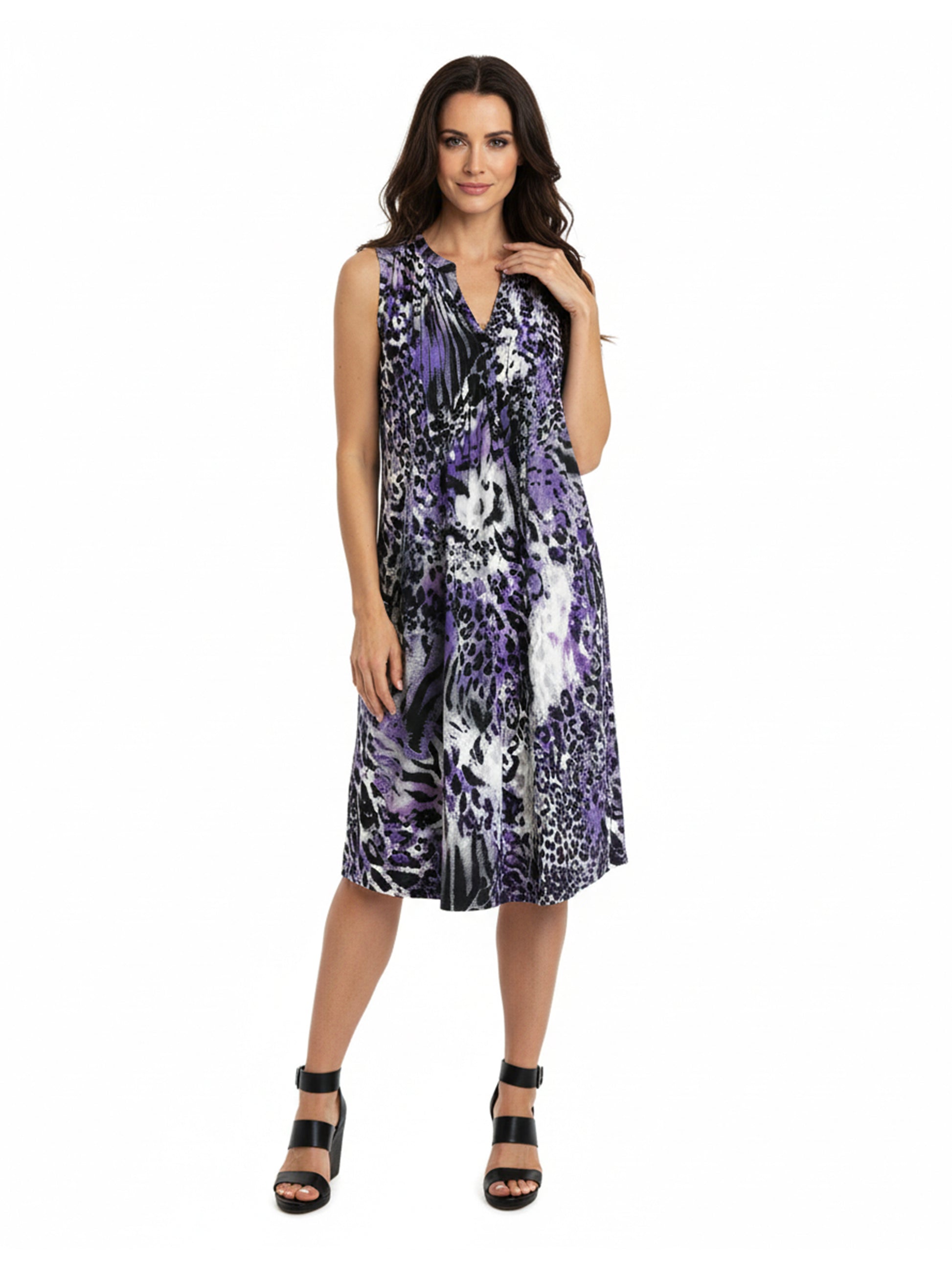 Pleat Front Sleeveless Purple Cheetah Print Dress - La Cera