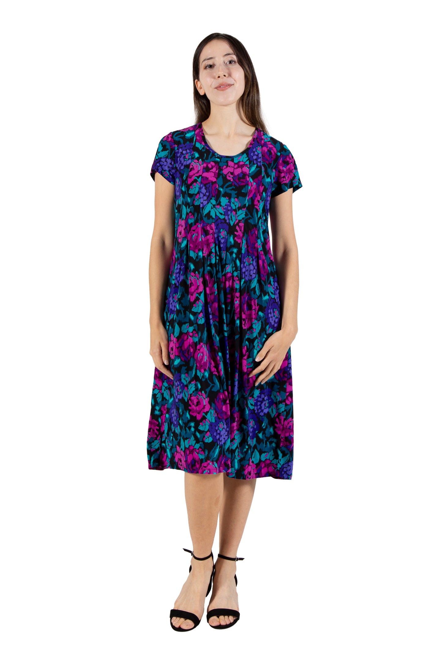 La Cera Impressionistic Floral Pleat Front Dress