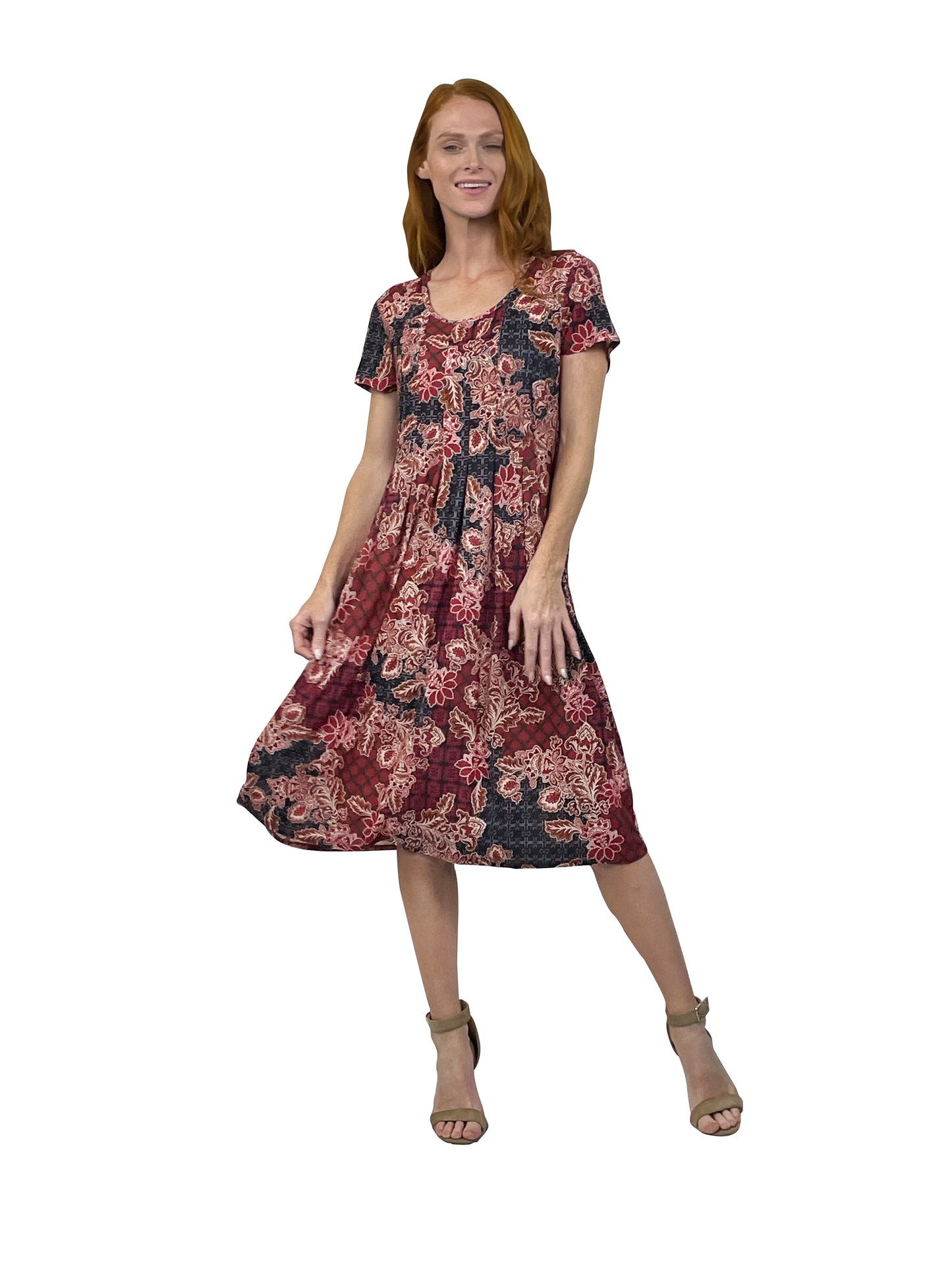 La Cera Mosaic Floral Print Pleat Front Dress - La Cera