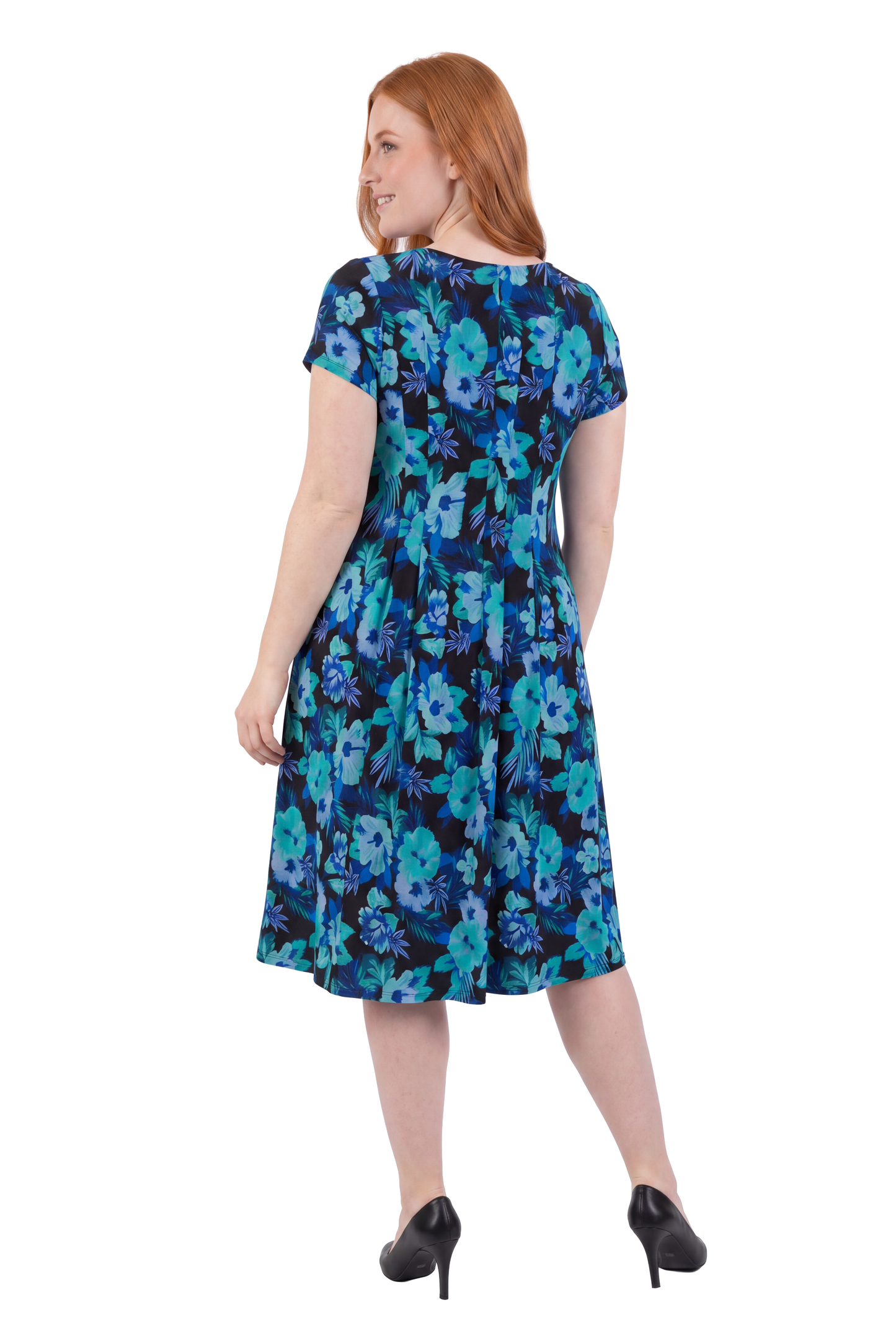 La Cera Tropical Blue Hibiscus Pleat Front Dress