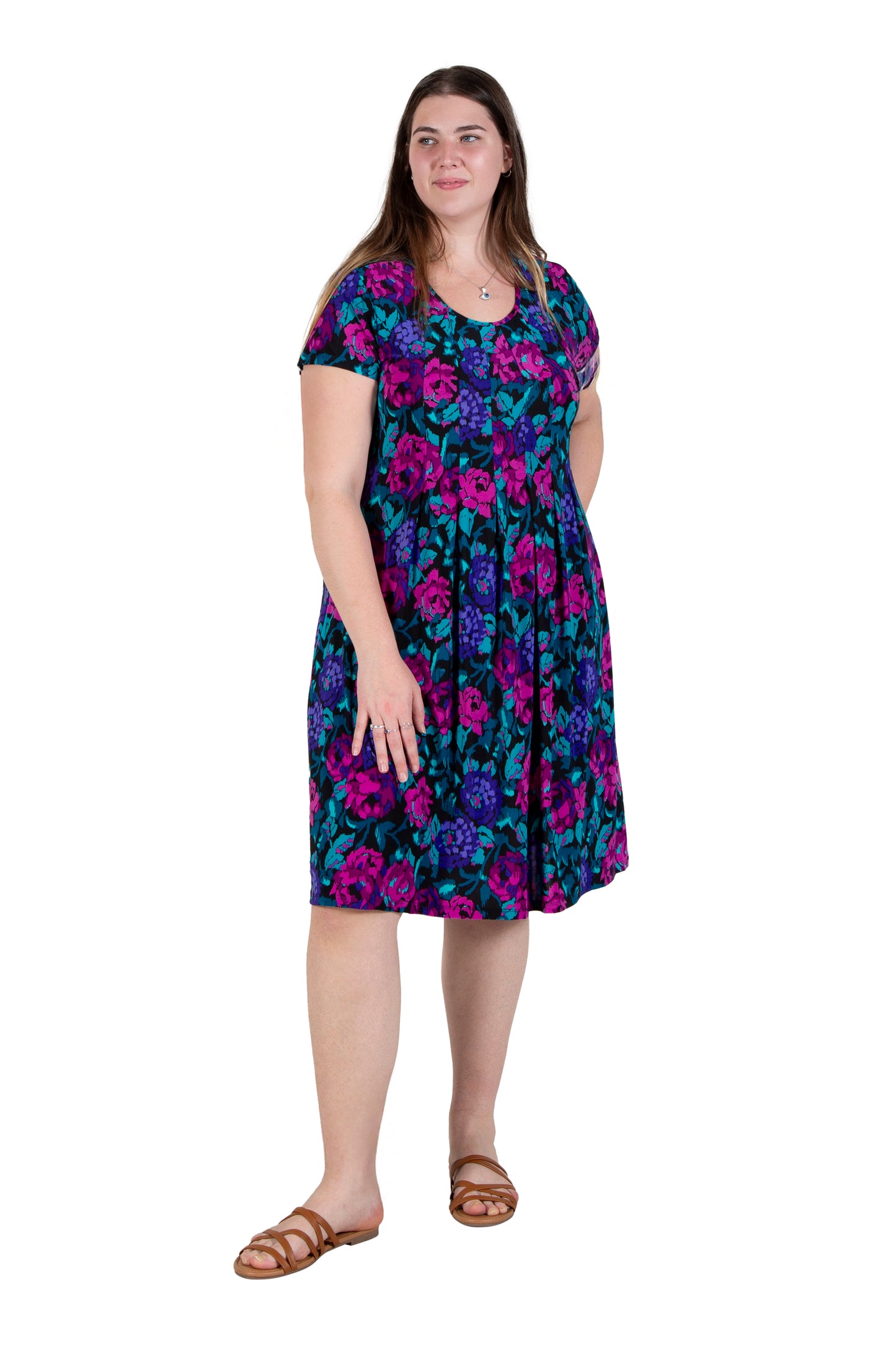 La Cera Impressionistic Floral Pleat Front Dress
